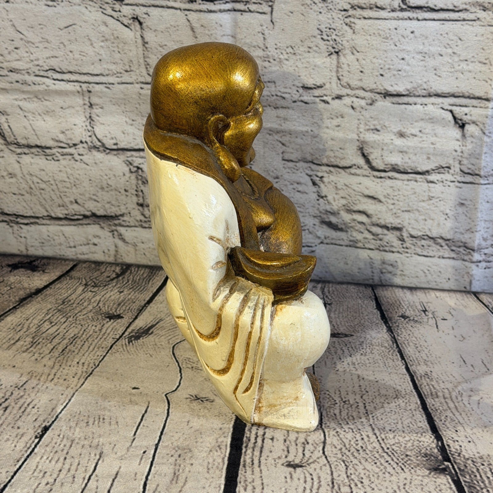 Cream & Bronze 20cm x 20cm Large Chinese Buddha Sitting On Lotus Statue Resin3