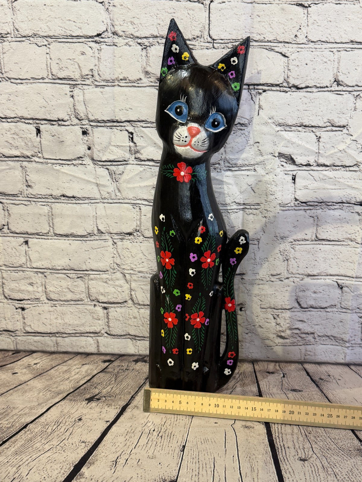 50cm Black Mix Flower Wooden Shabby Cat Statue Ornament Fair Trade Handcarved6
