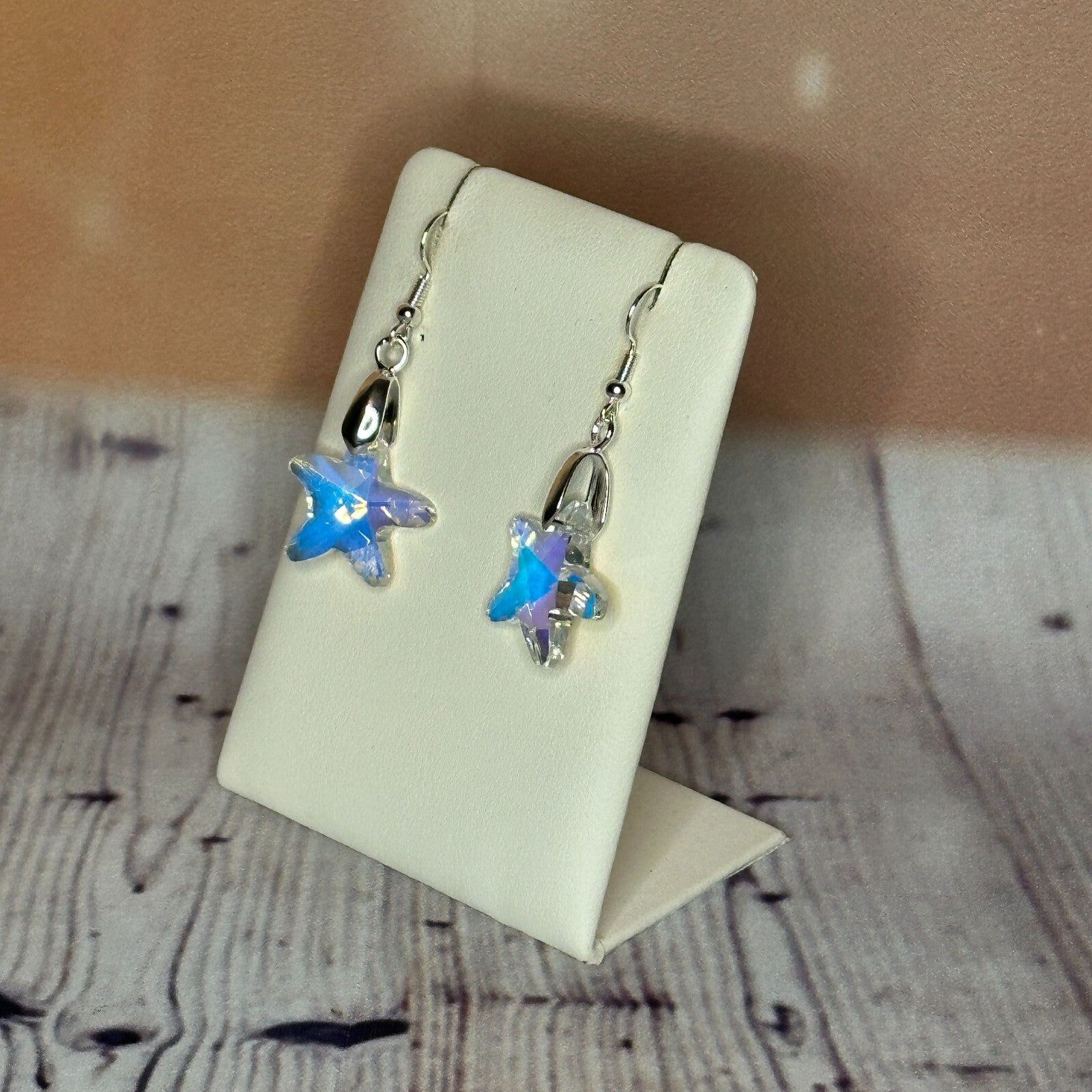 Clear Blue Crystal Star Shaped Dangle Drop Earrings Handmade UK Jewellery1