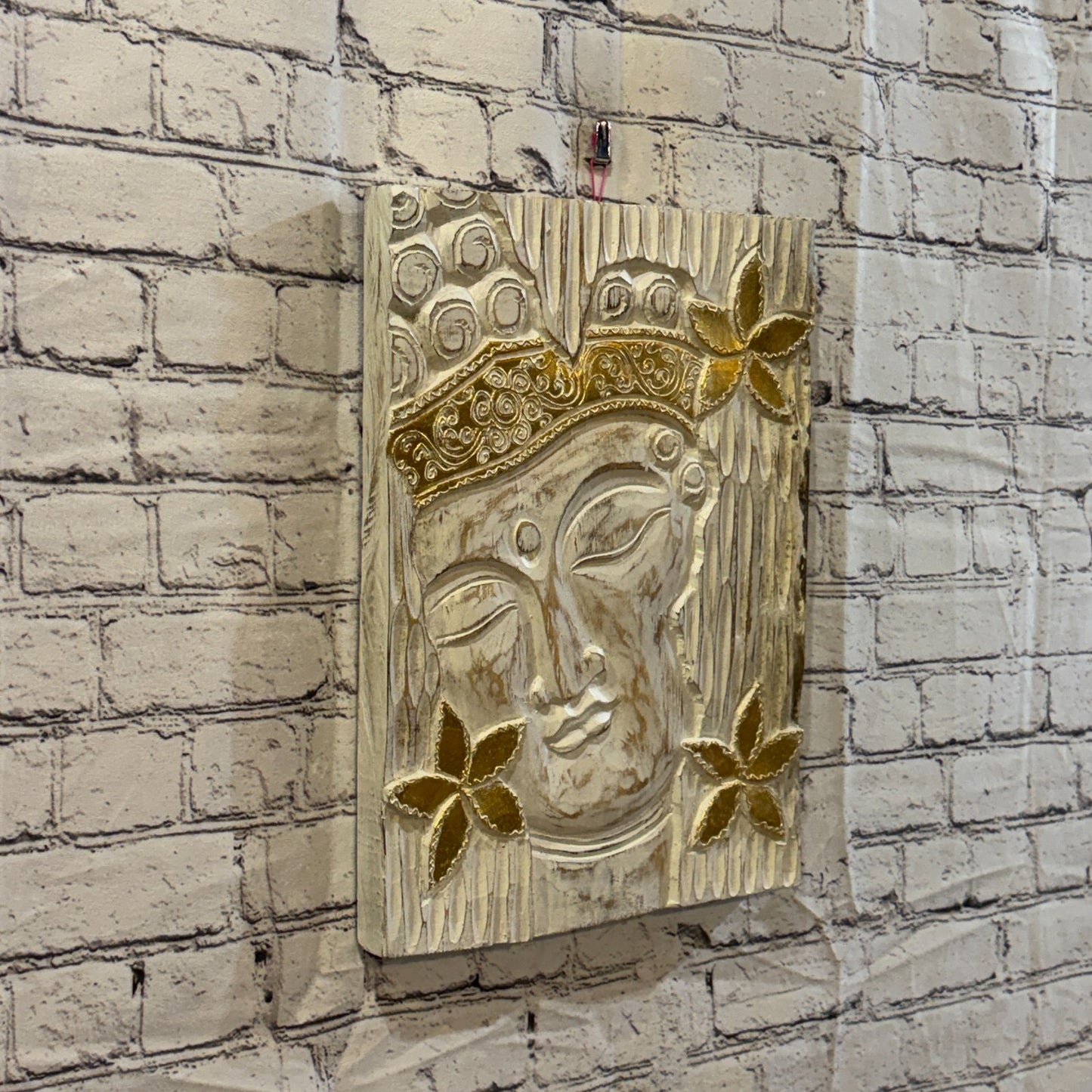 Wooden Wood Panel 40cm Gold Cream Buddha Flower Wall Art Plaque Handcarved0