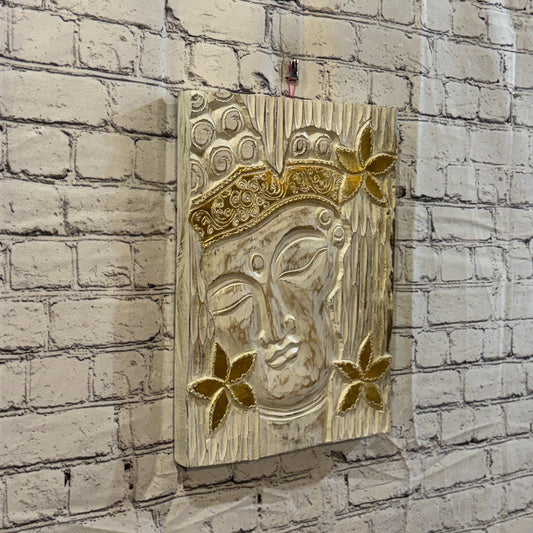 Wooden Wood Panel 40cm Gold Cream Buddha Flower Wall Art Plaque Handcarved0