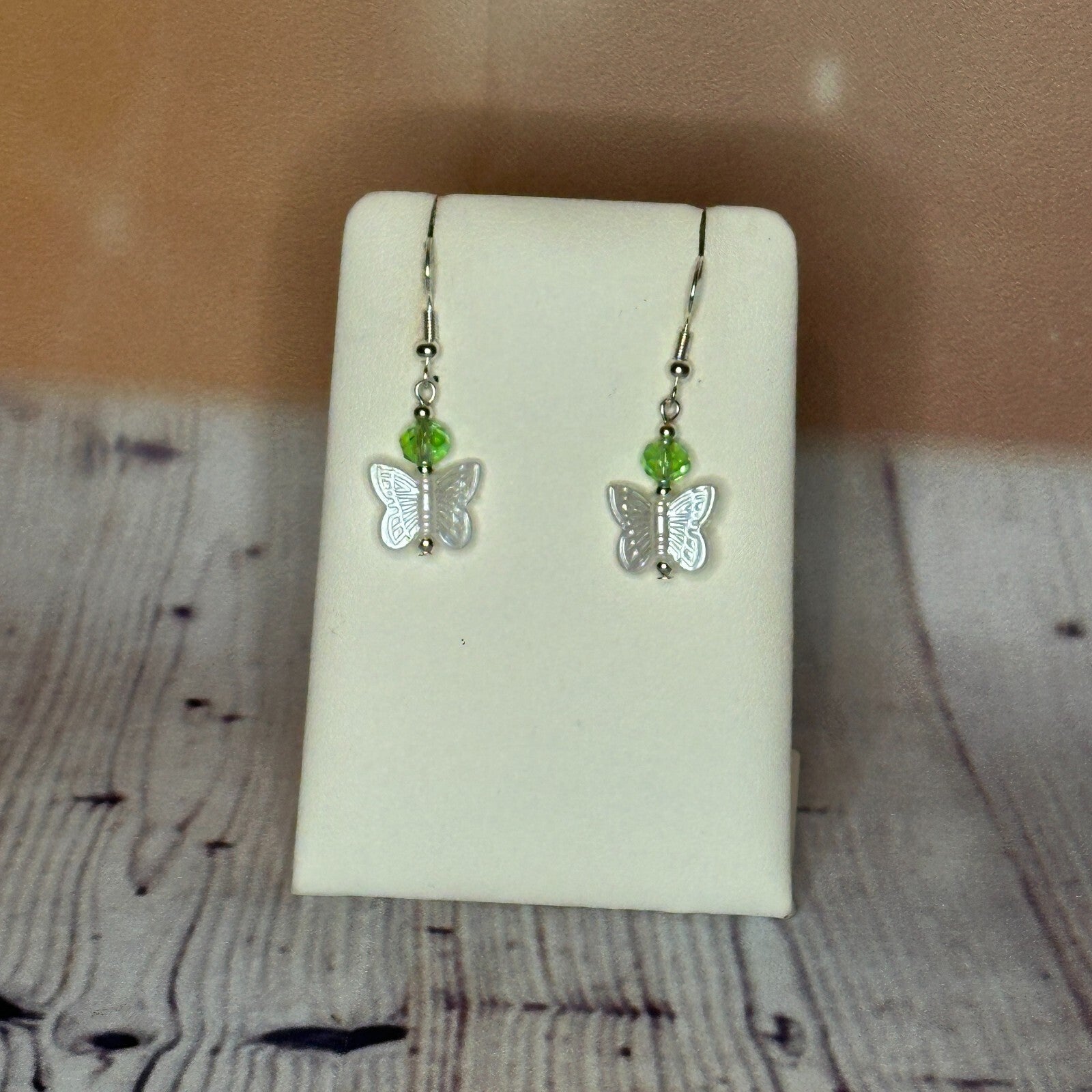 L Green Crystal And White Butterfly Dangle Drop Earrings Handmade UK Jewellery0