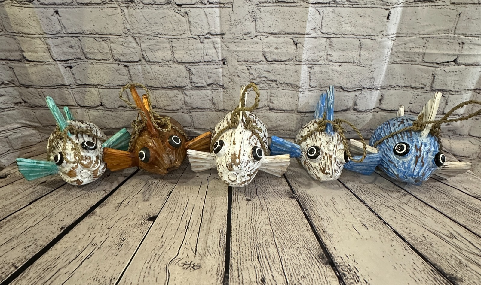 Plain Brown Folk Art Hand Painted Puffer Fish Coconut Shell Ornaments Hanging12