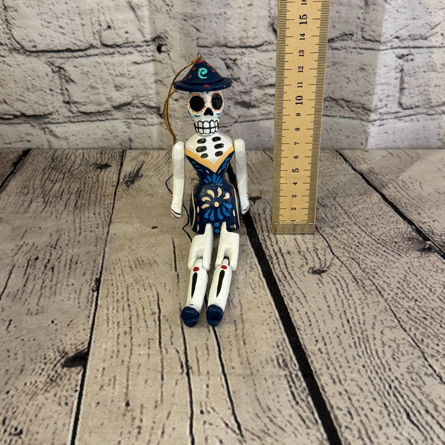 10cm Navy Day Of The Dead Lady Sitting Animal, Wooden Shelf Ornament Fairtrade5