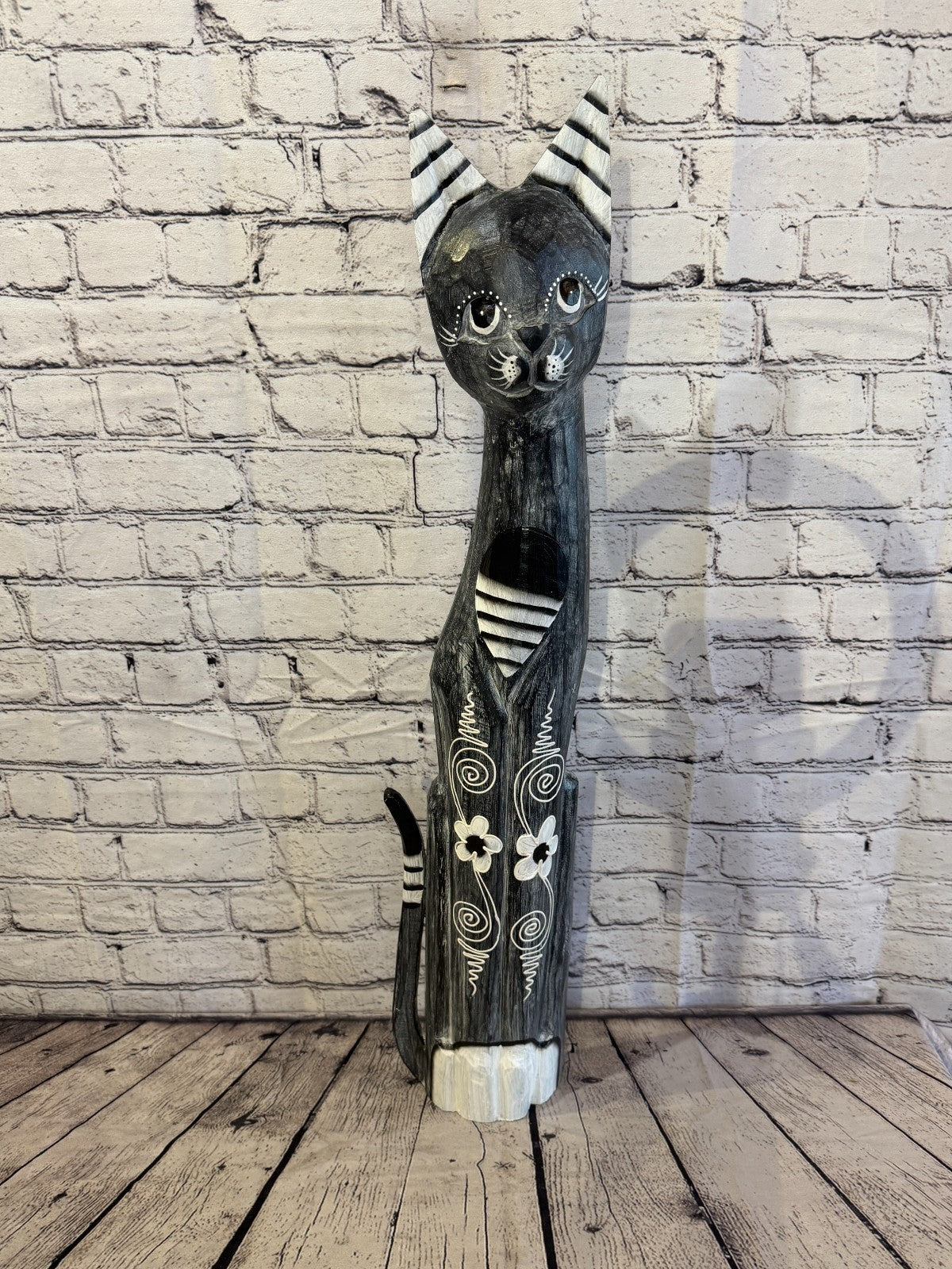 80cm Grey Flower Wooden Shabby Cat Statue Ornament Fair Trade Handcarved0