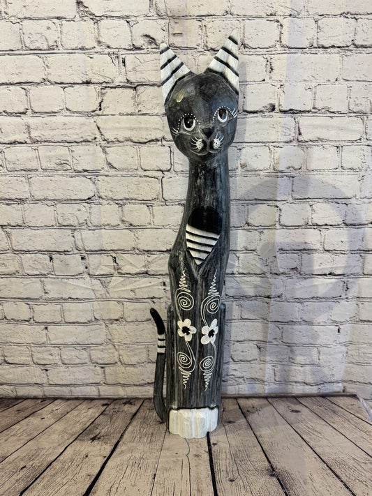80cm Grey Flower Wooden Shabby Cat Statue Ornament Fair Trade Handcarved0