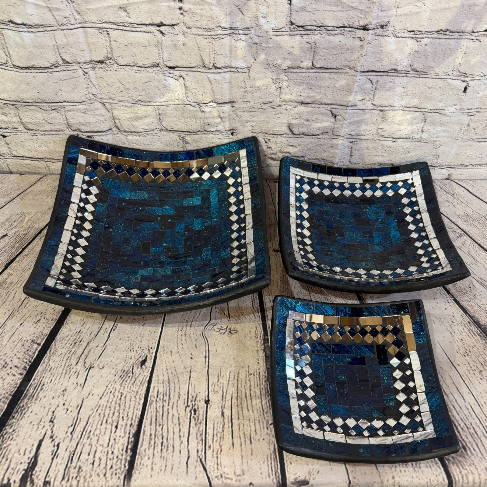 30cm Indigo Blue Square Mirror Mosaic Handmade Ceramic Glass Tile Bowl Fruit4