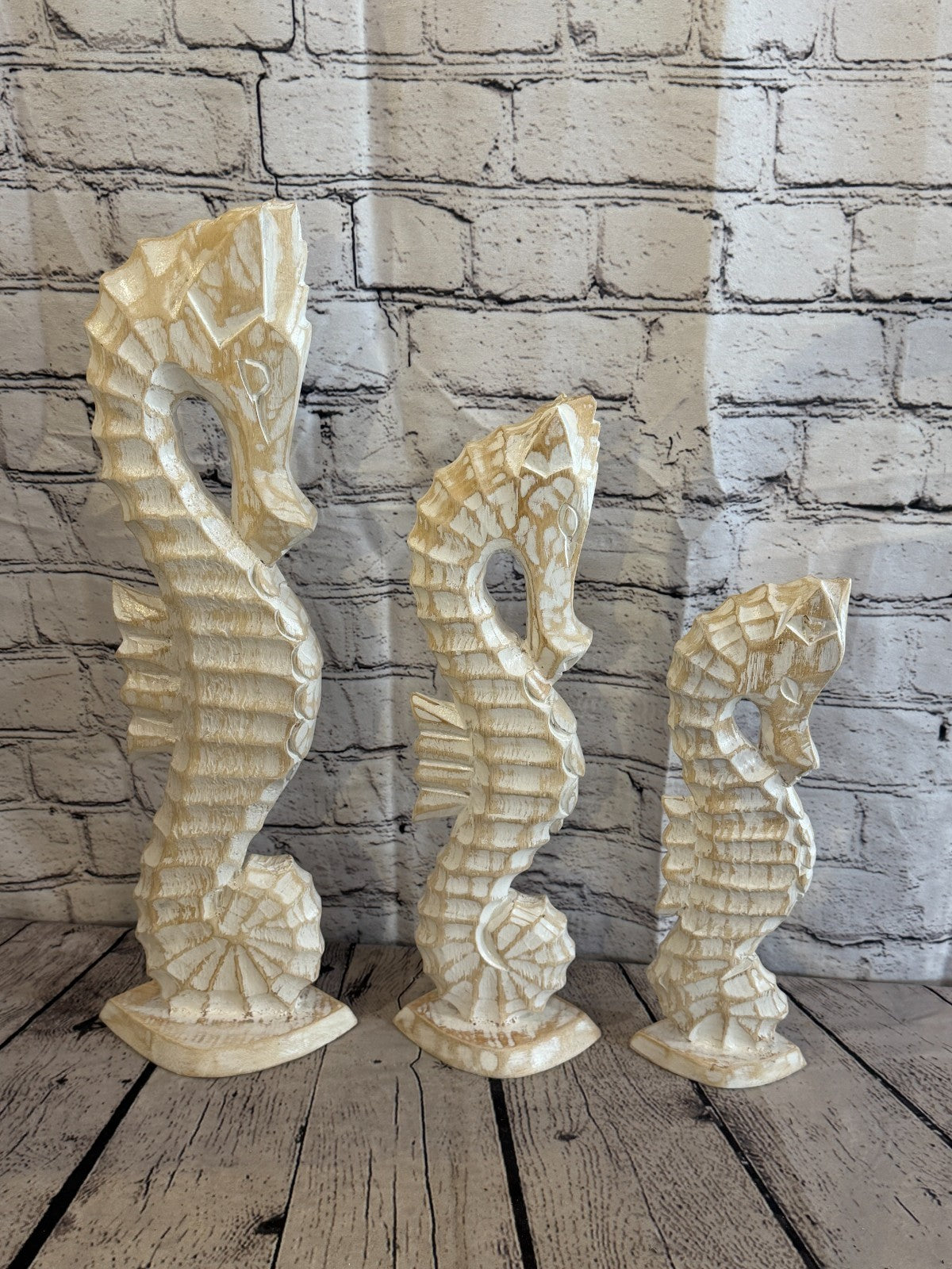 50cm White Wooden Shabby Seahorse Statue Ornament Fair Trade Handcarved8