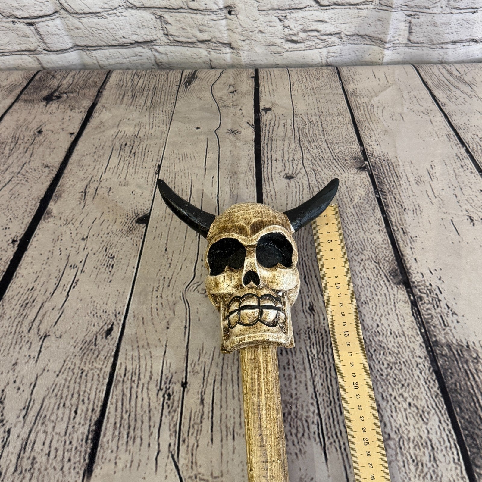 110cm Skeleton Skull With Horns Wood Stick Hand Carved Halloween Walking Staff7