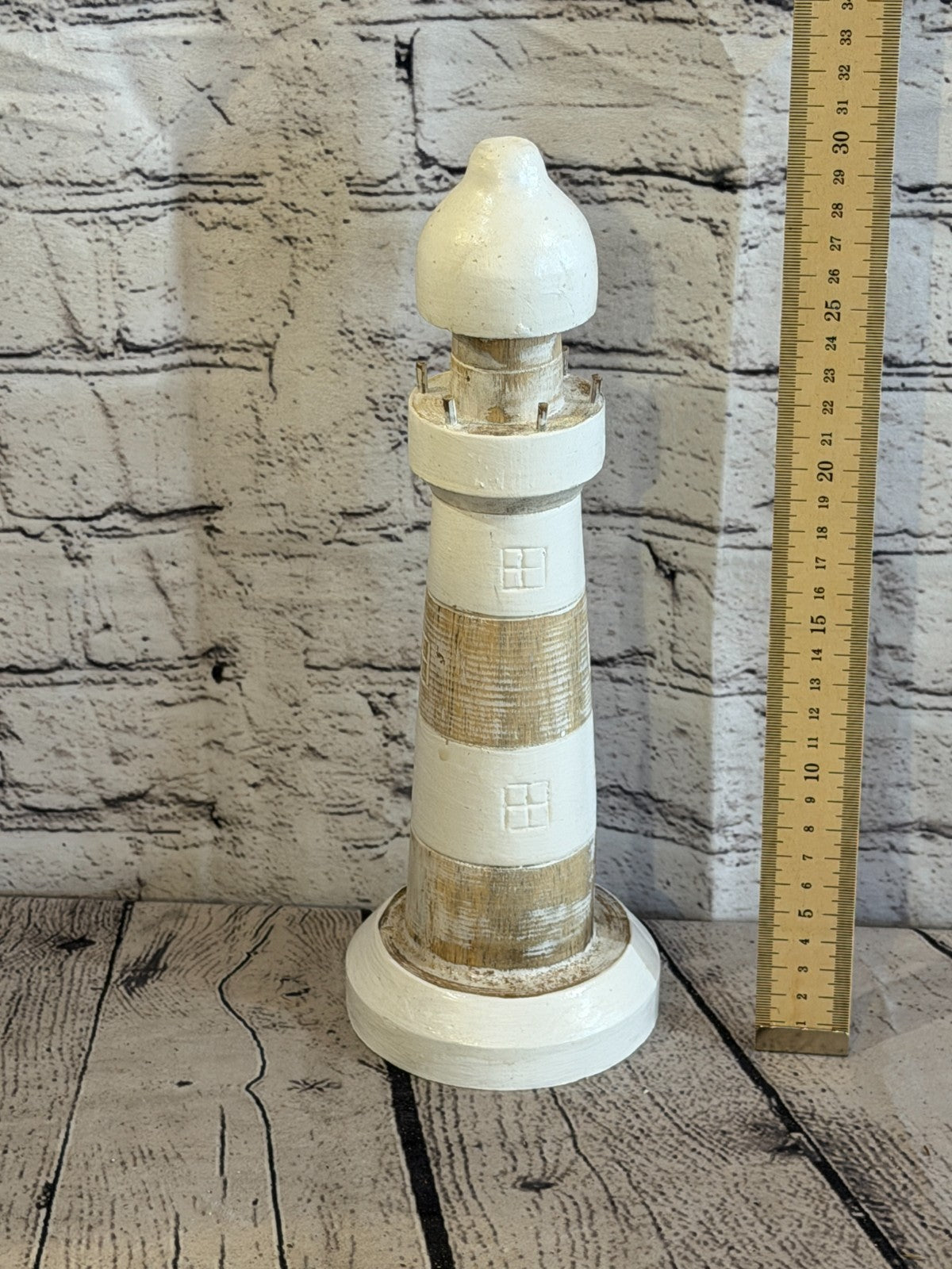 30cm Cream White Wooden Lighthouse Ornament Nautical Coastal Sculpture Statue3