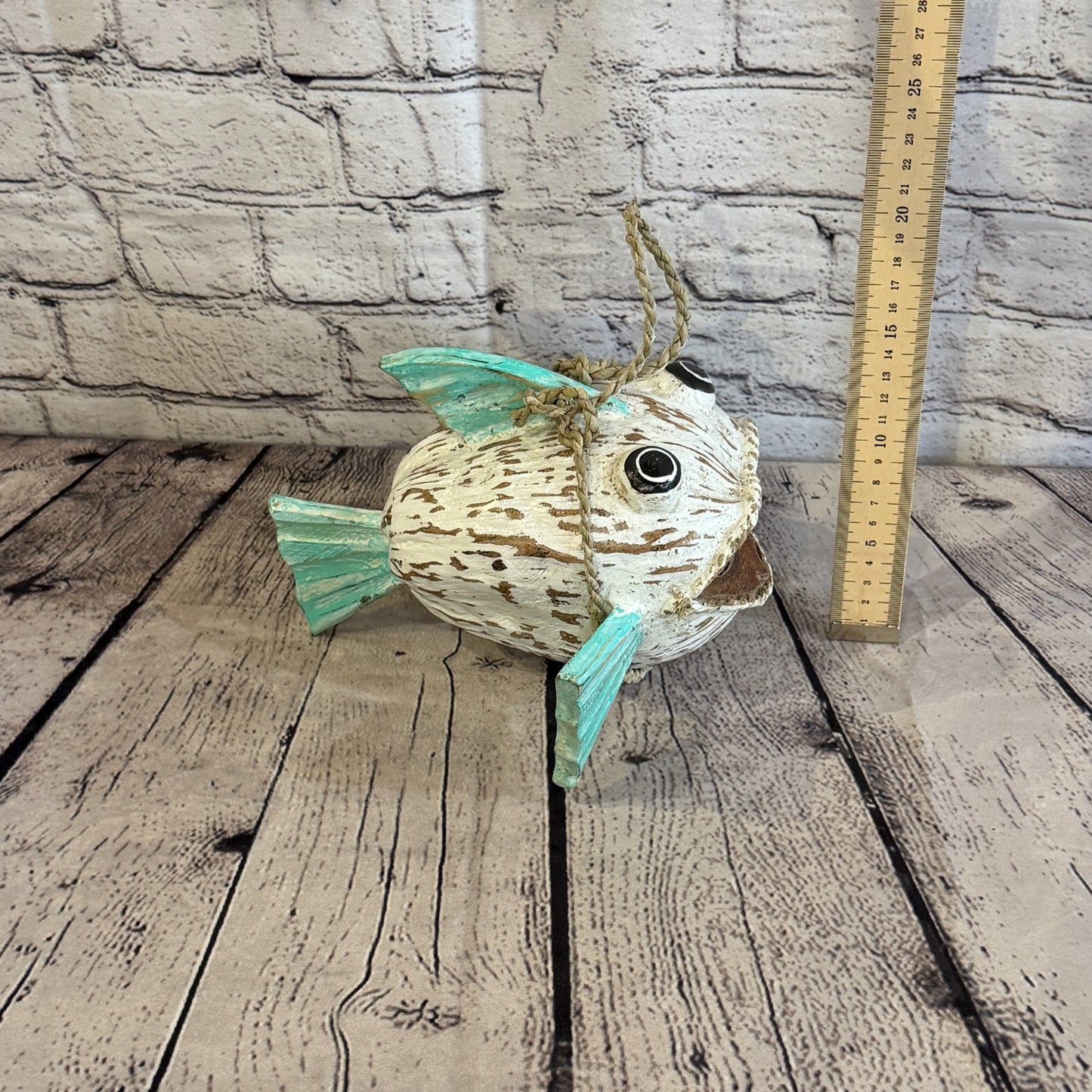White Green Fins Folk Art Painted Shark Fish Coconut Shell Ornaments Hanging6