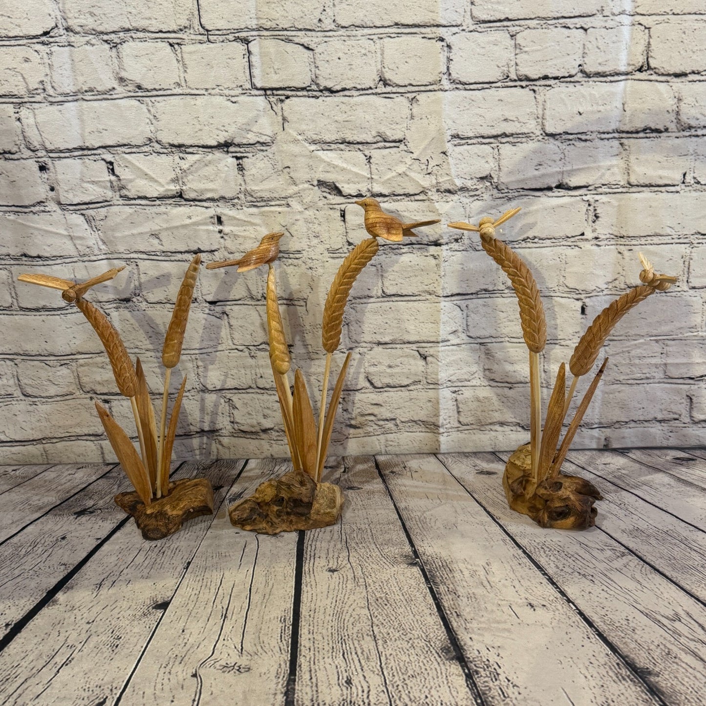 35cm 2 Birds On Wheat Reeds Stand Parasite Wood Ornament Natural Carving Wooden7