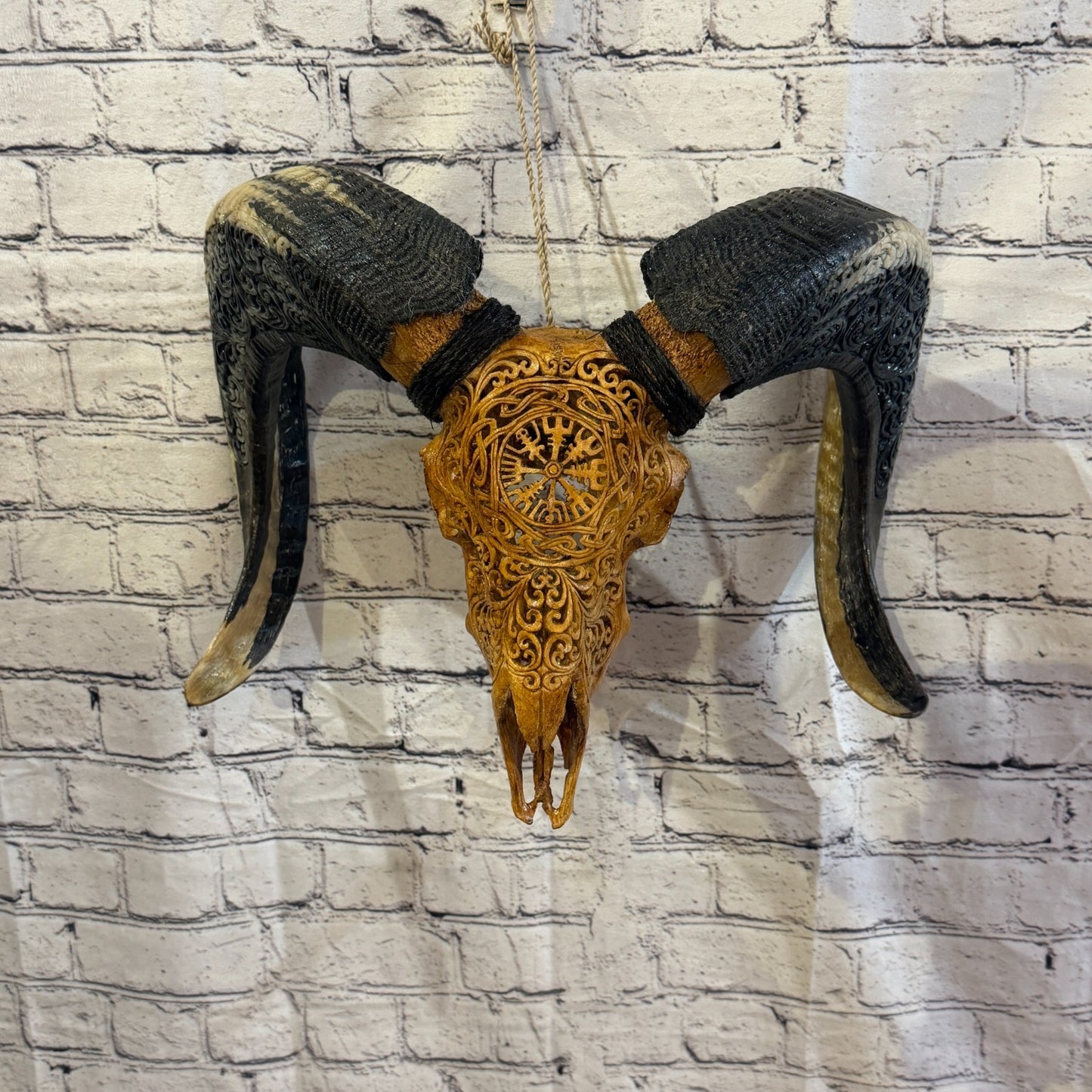 30cm Carved Buffalo Ram Wild Skulls Wall Hanging Carved With Stand Design 42