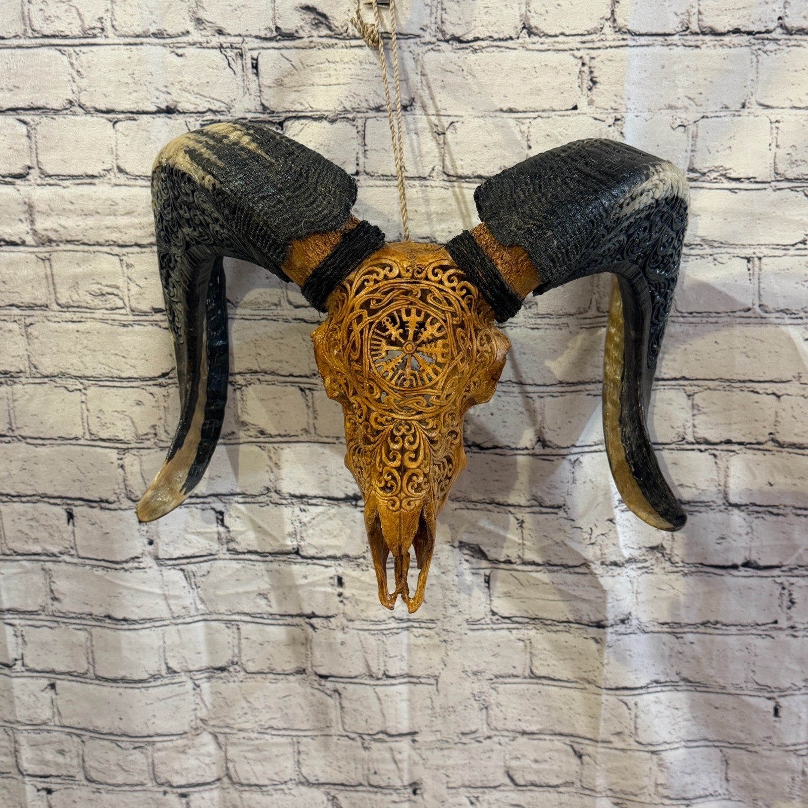 30cm Carved Buffalo Ram Wild Skulls Wall Hanging Carved With Stand Design 42