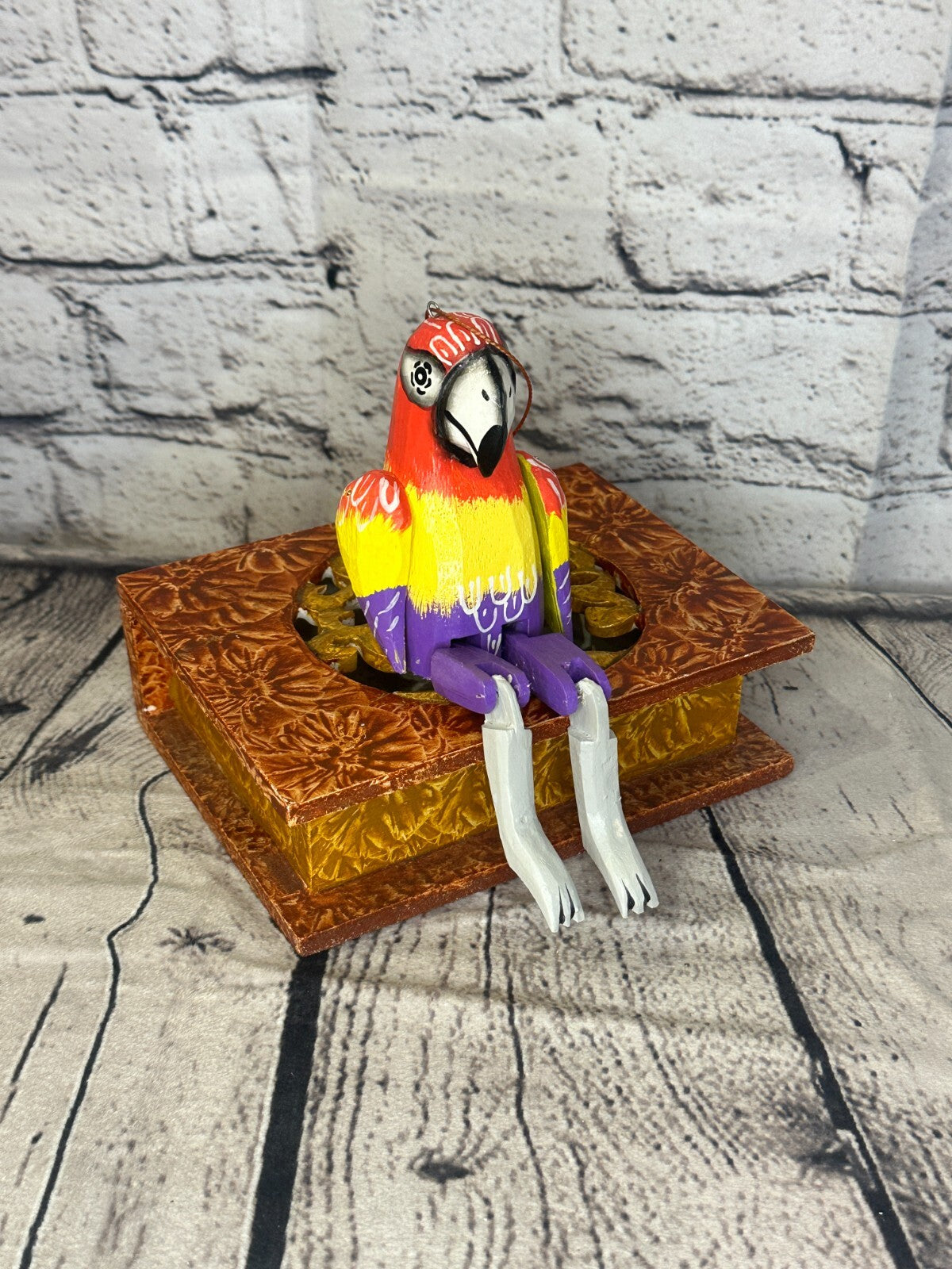 10cm Bright Parrot Sitting Animal, Wooden Shelf Ornament Handmade and Fairtrade0