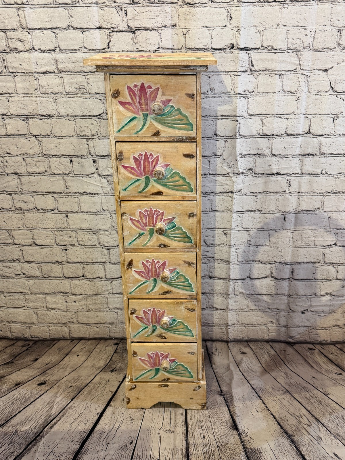 100cm x 25cm Flower 6 Draw Pillar Wooden Side Cabinet Living Storage Furniture1