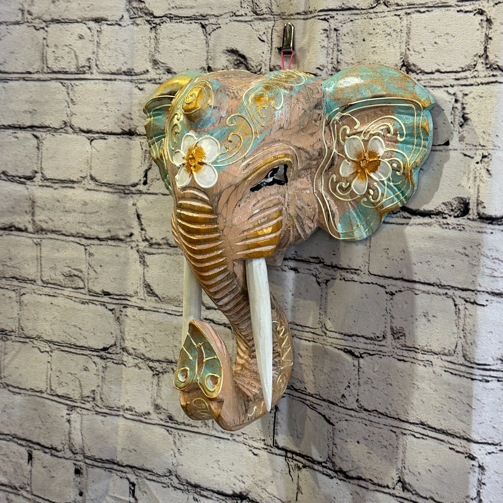 30cm x 30cm Green Flower Painted Wood Elephant Head Wall Mounted Art Shabby1