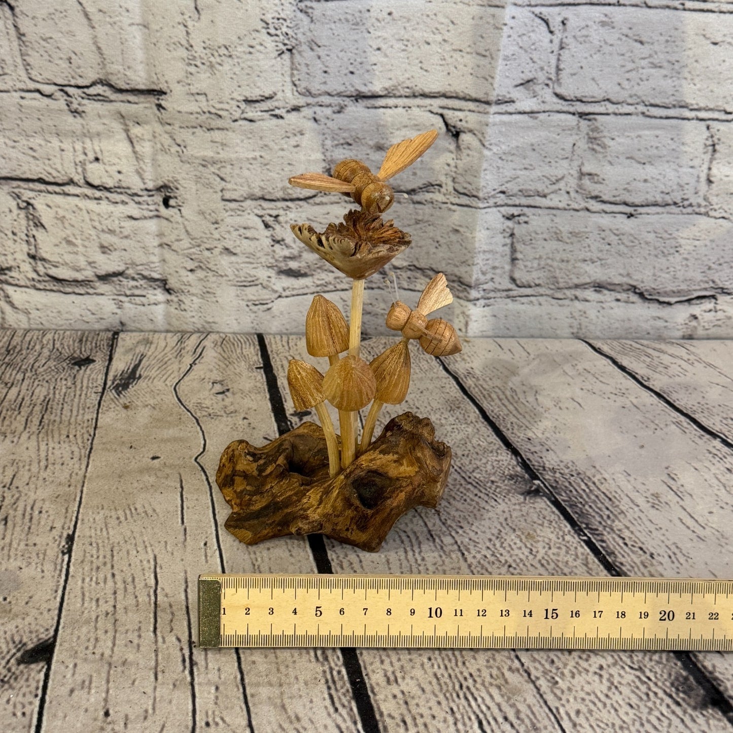 2 Bees On Mushroom Stand Bee Parasite Wood Ornament Natural Carving Wooden6