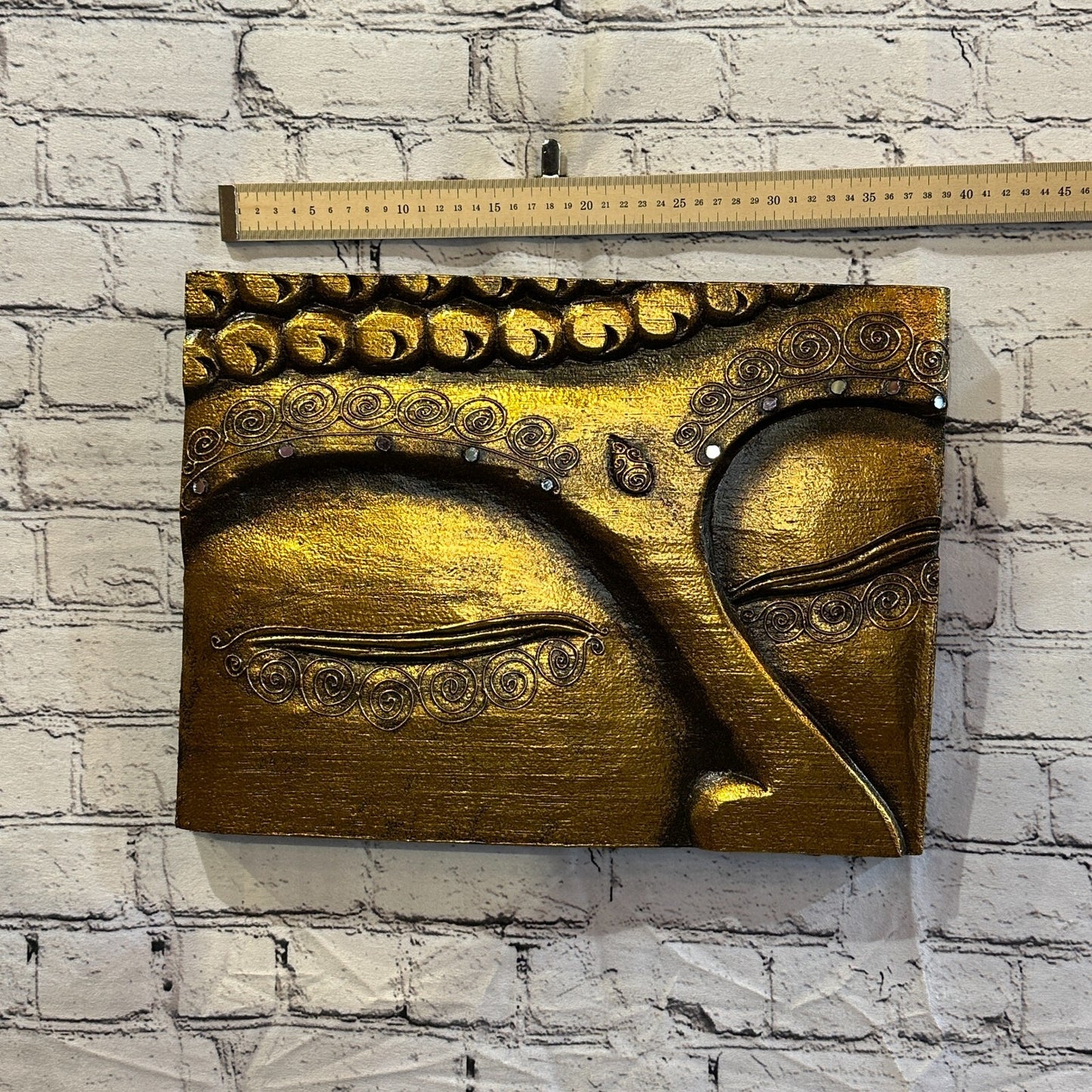 Wooden Wood Panel 40cm Brown Gold Buddha Eyes Lotus Wall Art Plaque Handcarved3