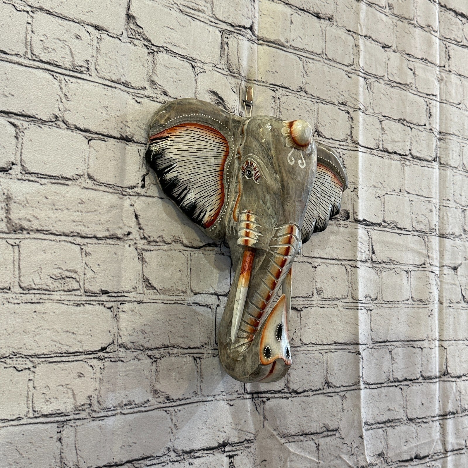 30cm x 30cm Grey Painted Wood Elephant Head Wall Mounted Art Large Shabby0