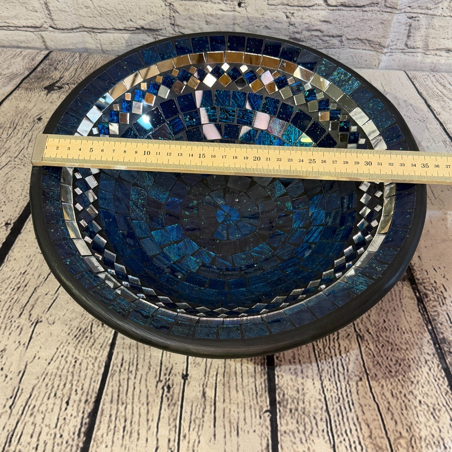 35cm Indigo Blue Round Mirror Mosaic Handmade Ceramic Glass Tile Bowl Fruit1