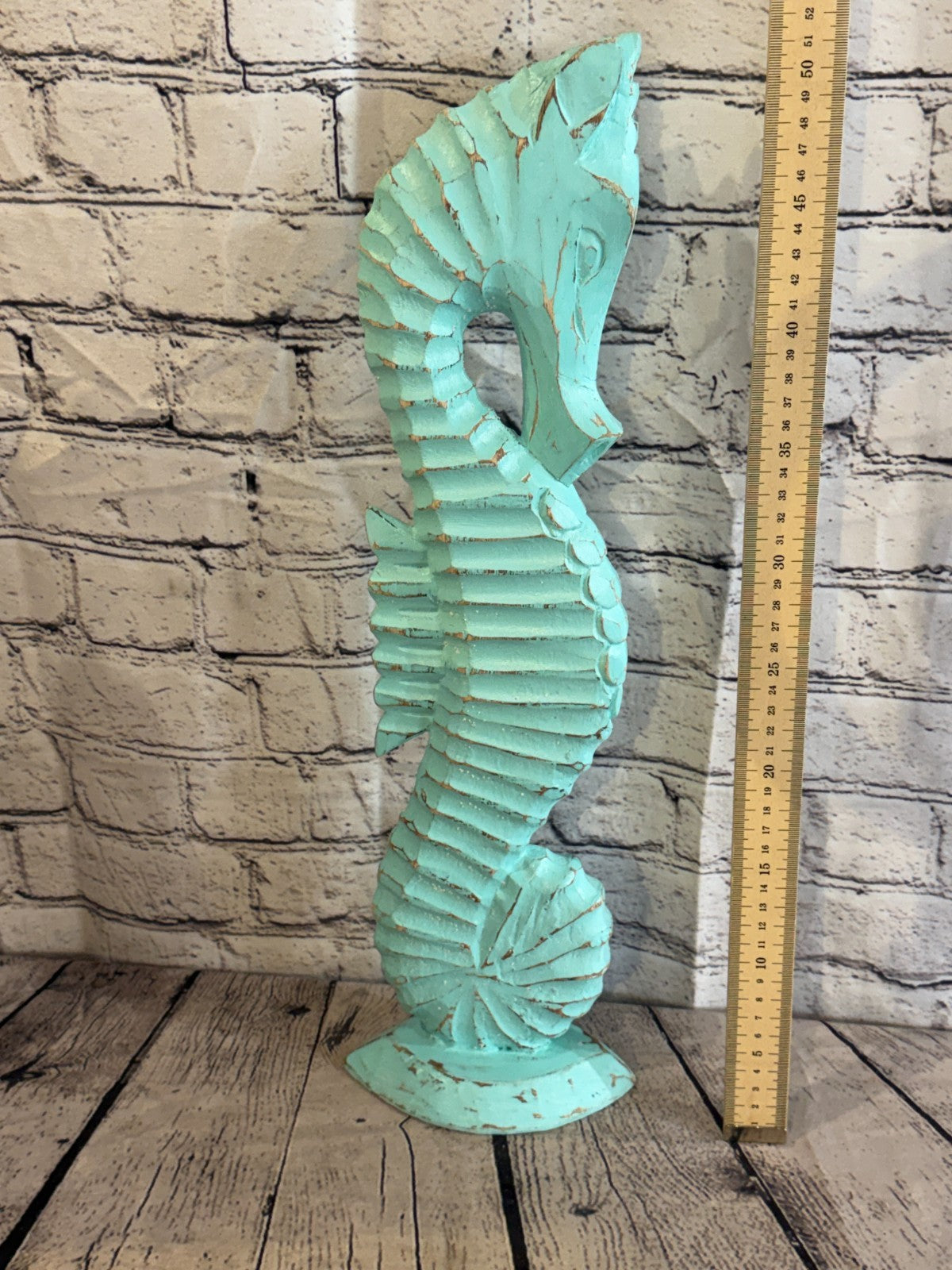 50cm Green Teal Wooden Shabby Seahorse Statue Ornament Fair Trade Handcarved5
