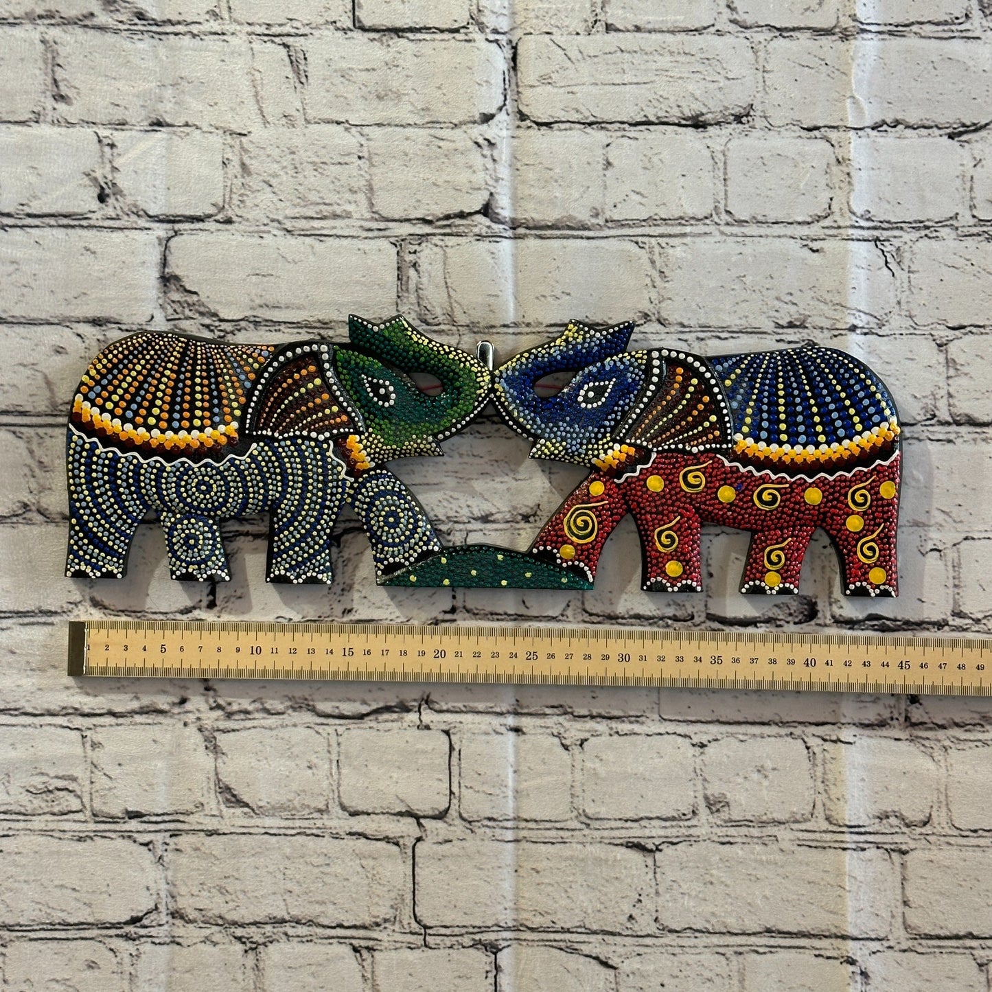 45cm 2 Elephants Carved Wooden Dot Painted Ethnic Tribal Tiki Wall Handmade No 23