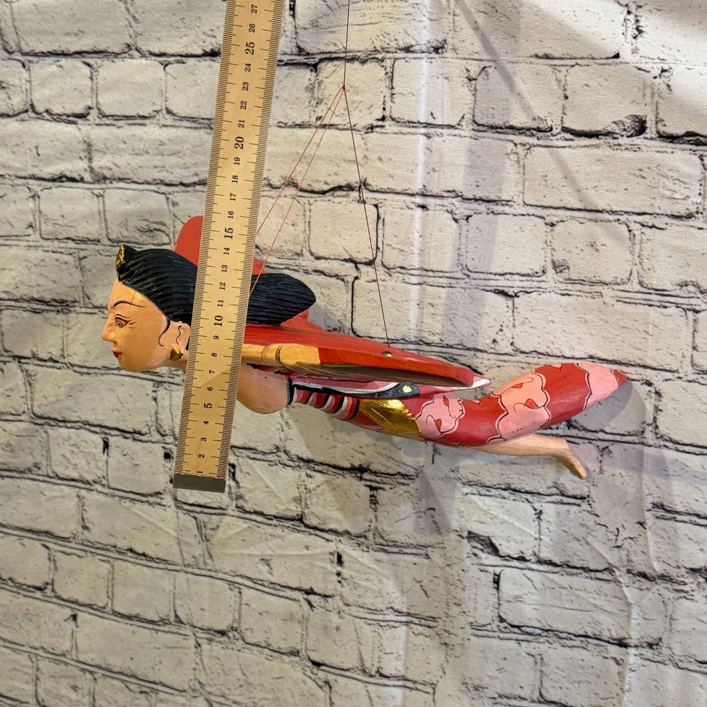 35cm Red Sita Hindu Folk Art Carved Wood Flying Winged Mobile Spirit Guardian1