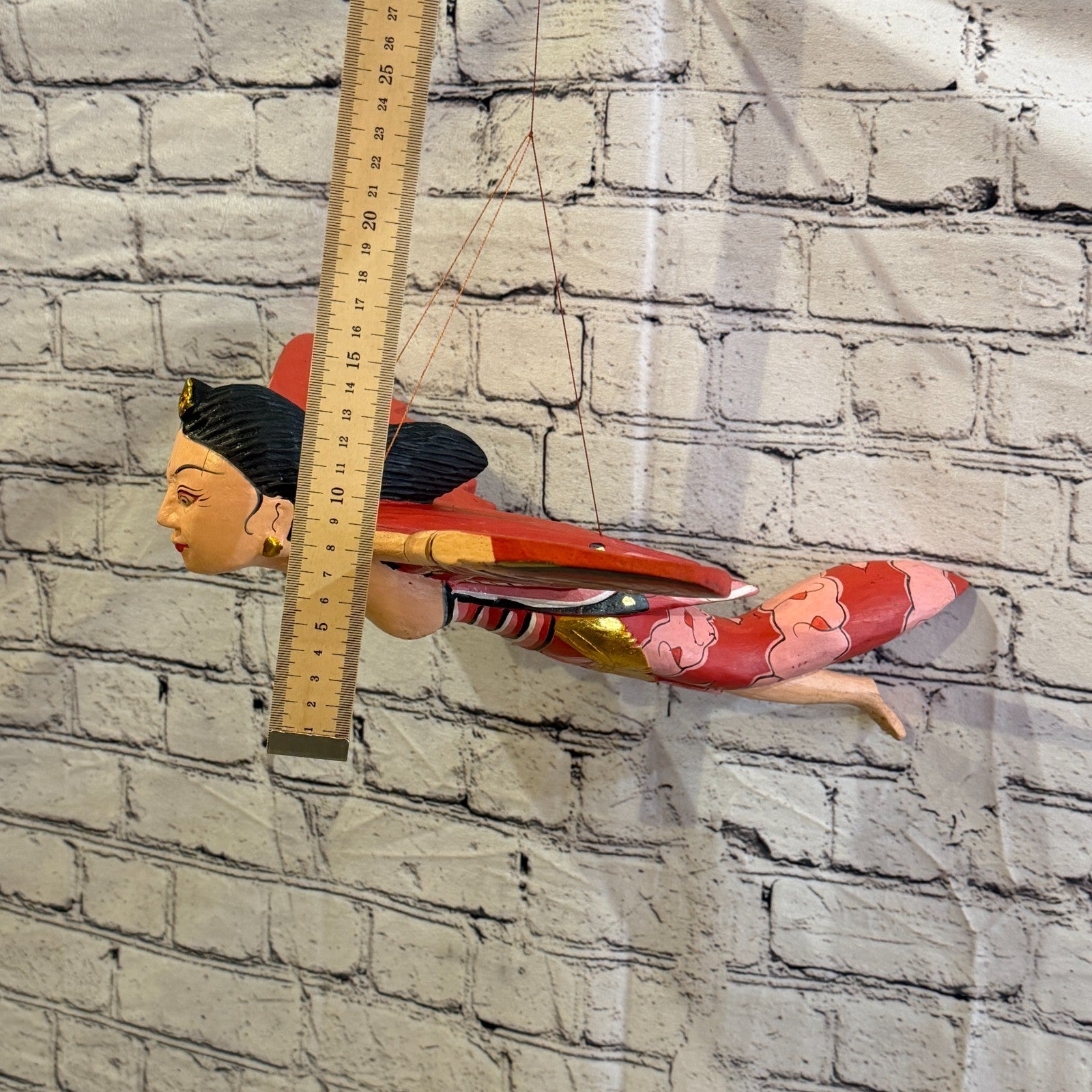 35cm Red Sita Hindu Folk Art Carved Wood Flying Winged Mobile Spirit Guardian1