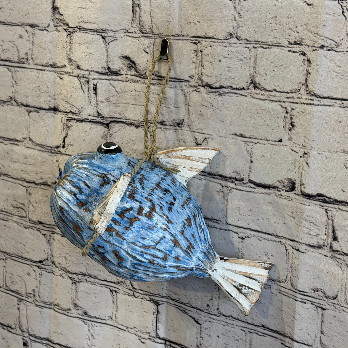 Blue White Fins Folk Art Painted Puffer Fish Coconut Shell Ornaments Hanging9
