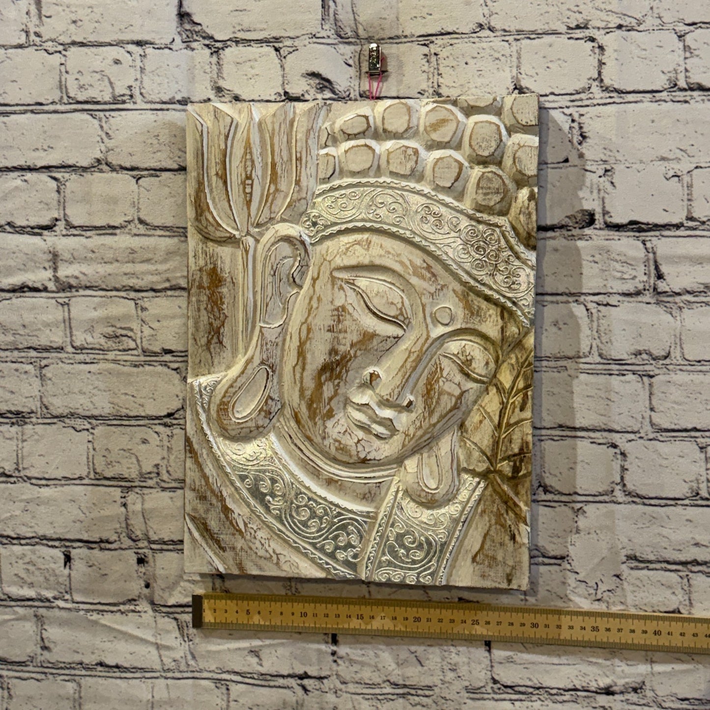 Wooden Wood Panel 40cm Silver Cream Buddha Lotus Wall Art Plaque Handcarved3