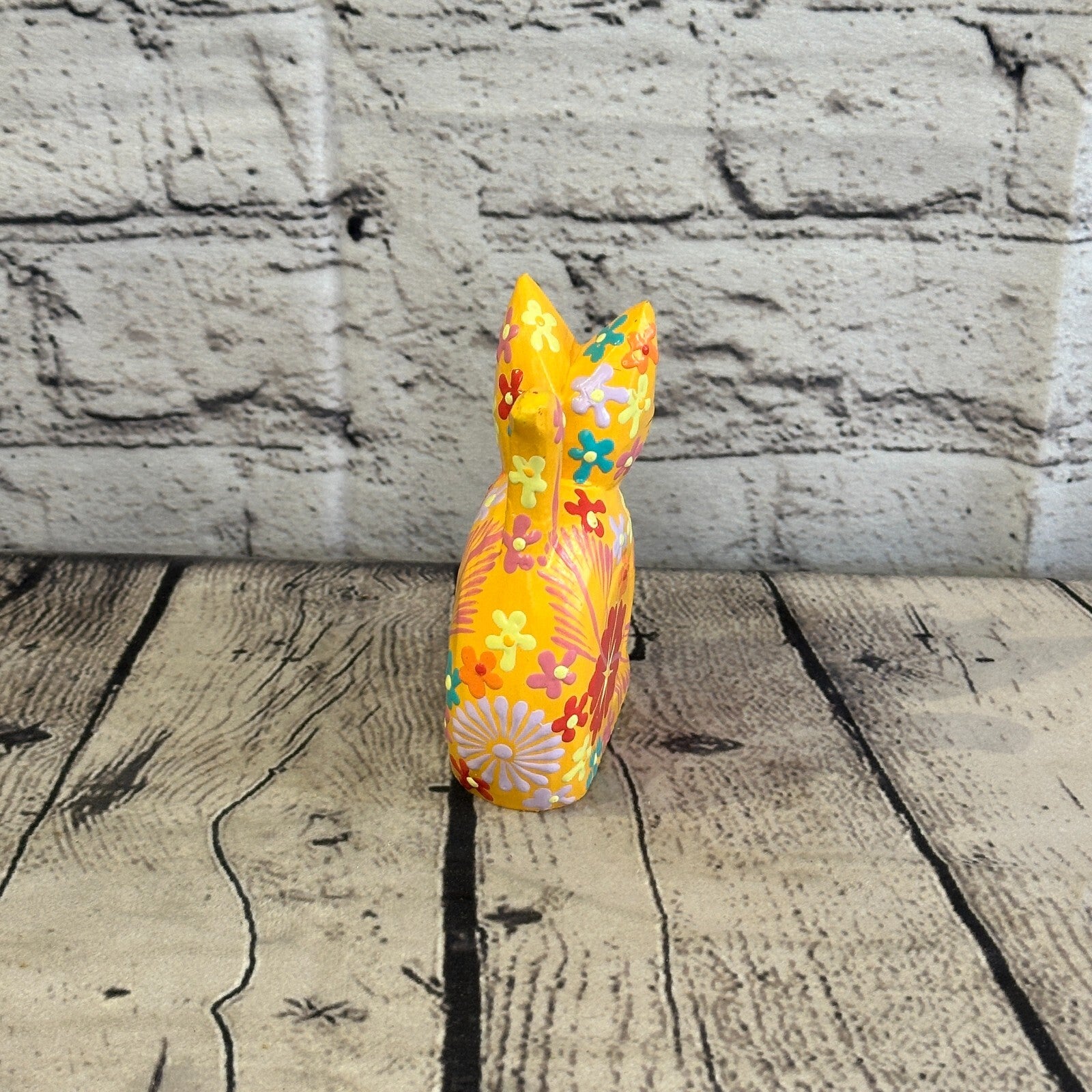 Orange Small Wooden Cat With Flower Pattern 12cm x 6cm Handmade and Fairtrade5
