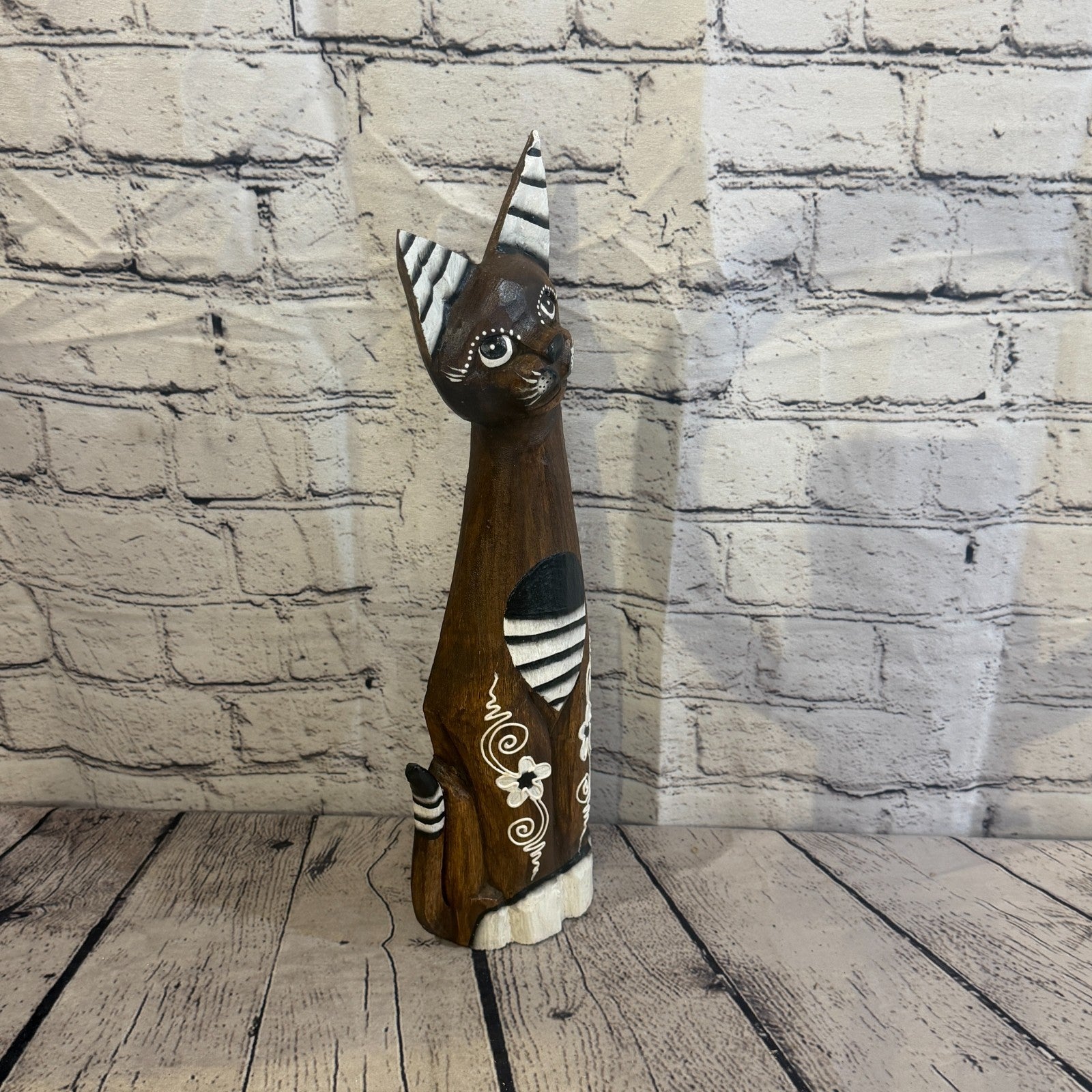 40cm Brown Flower Wooden Shabby Cat Statue Ornament Fair Trade Handcarved2