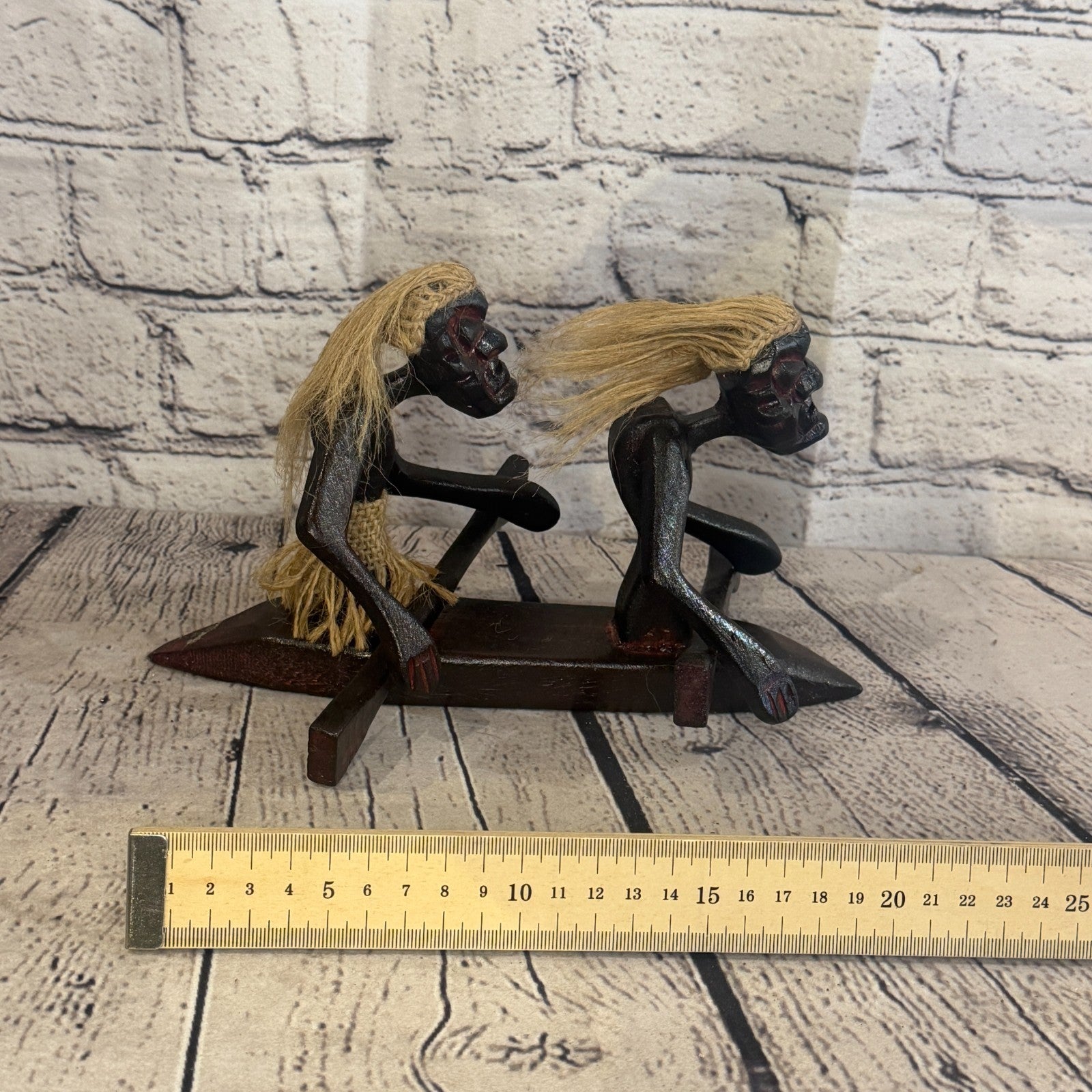 15cm Couple Kayaking African Tribal Warrior Man Figure Statue Wood Hand Carved6