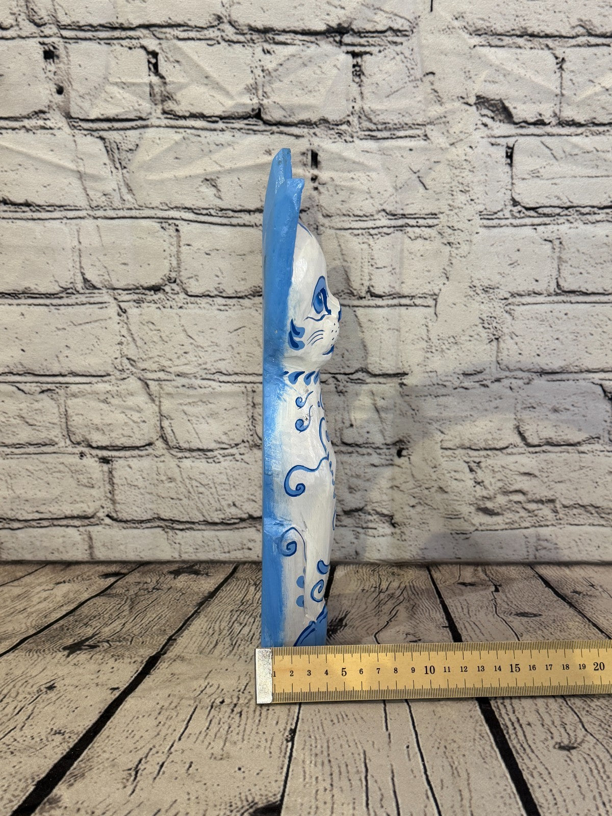 30cm Blue White Flower Wooden Shabby Cat Statue Ornament Fair Trade Handcarved7