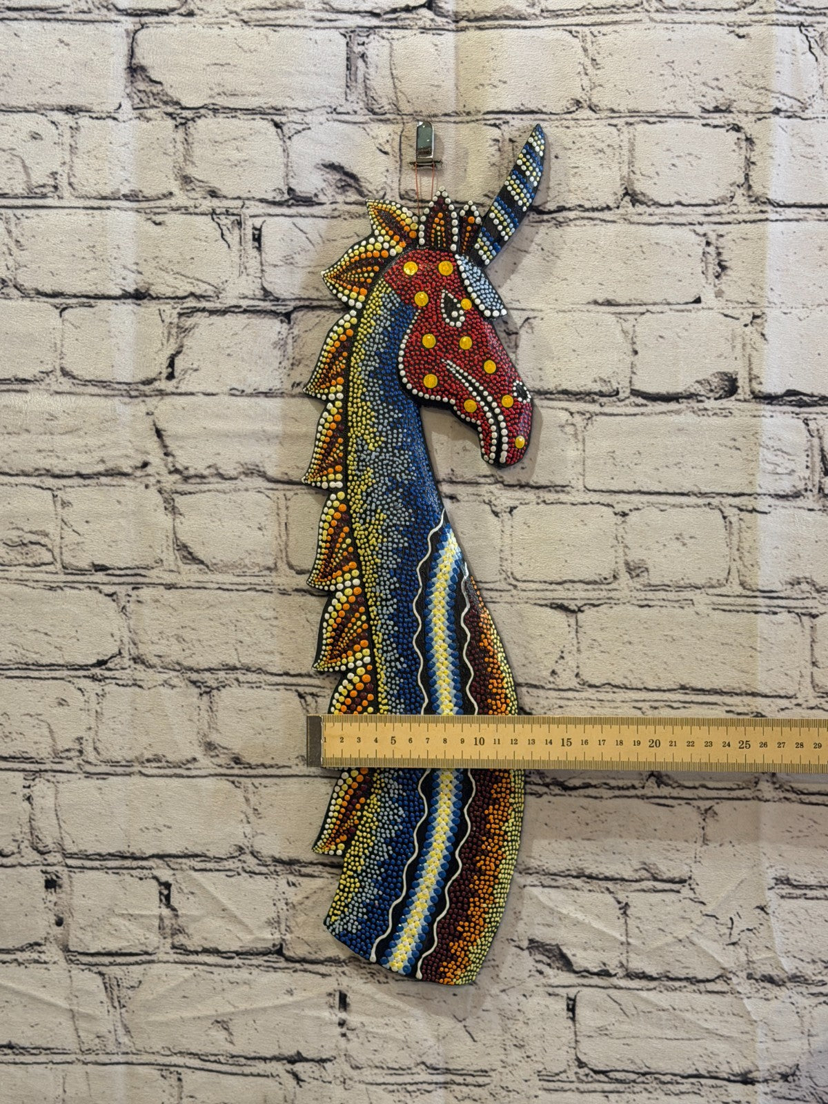 45cm Unicorn Carved Wooden Dot Painted Ethnic Tribal Tiki Wall Art No 23