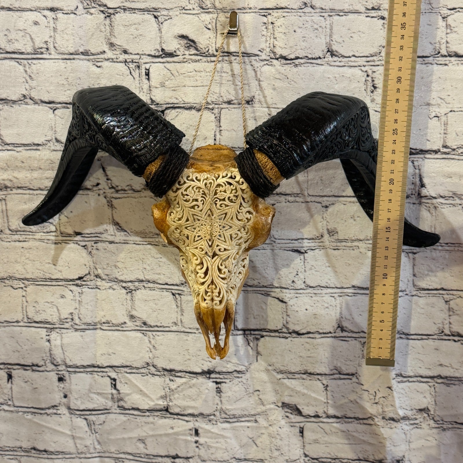 30cm Carved Buffalo Ram Wild Skulls Wall Hanging Carved With Stand Design 16