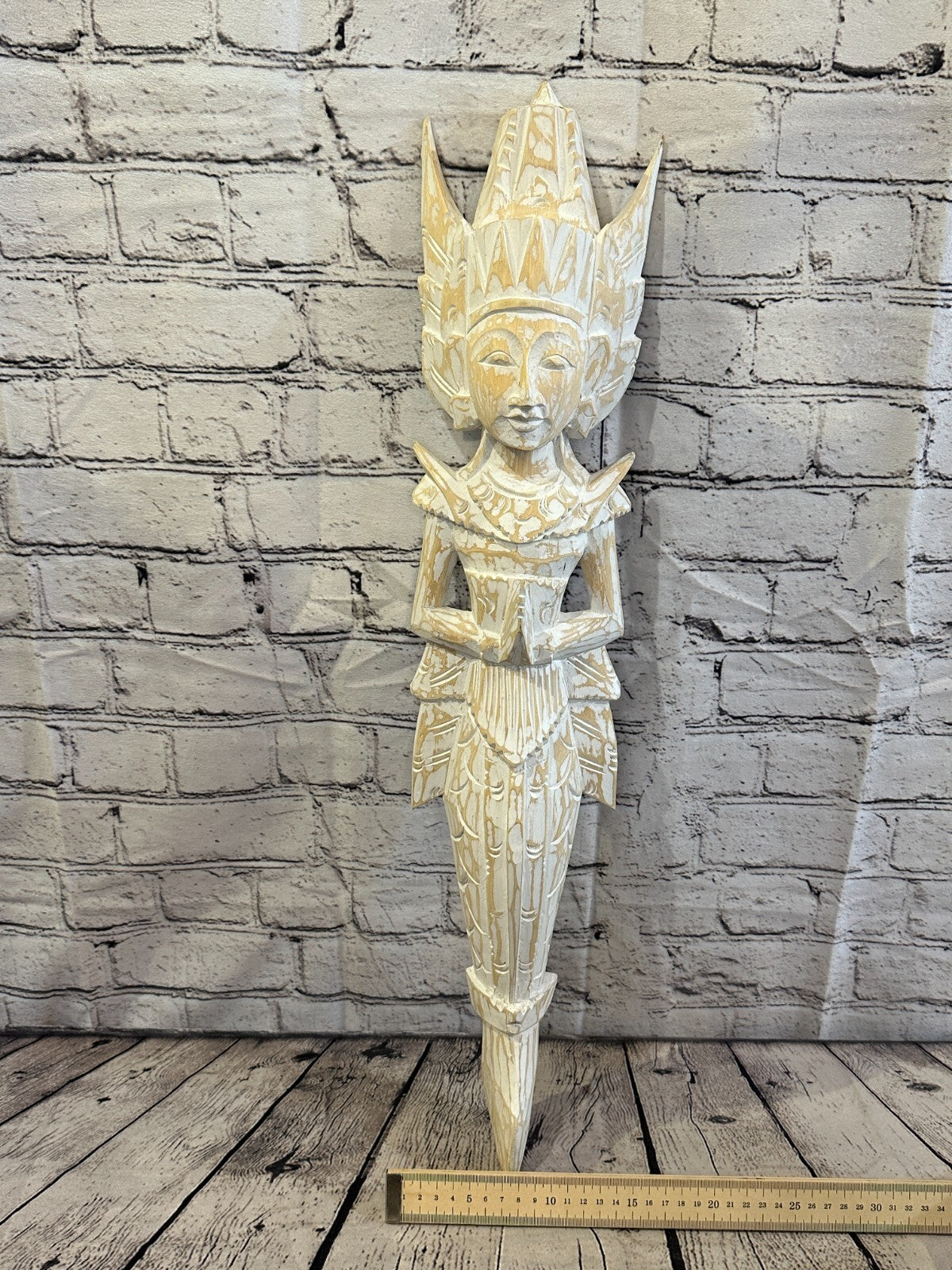 Shabby White Sita Dewi Bali Rice Goddess Wings Mermaid Wood Carving 65cm Pair9