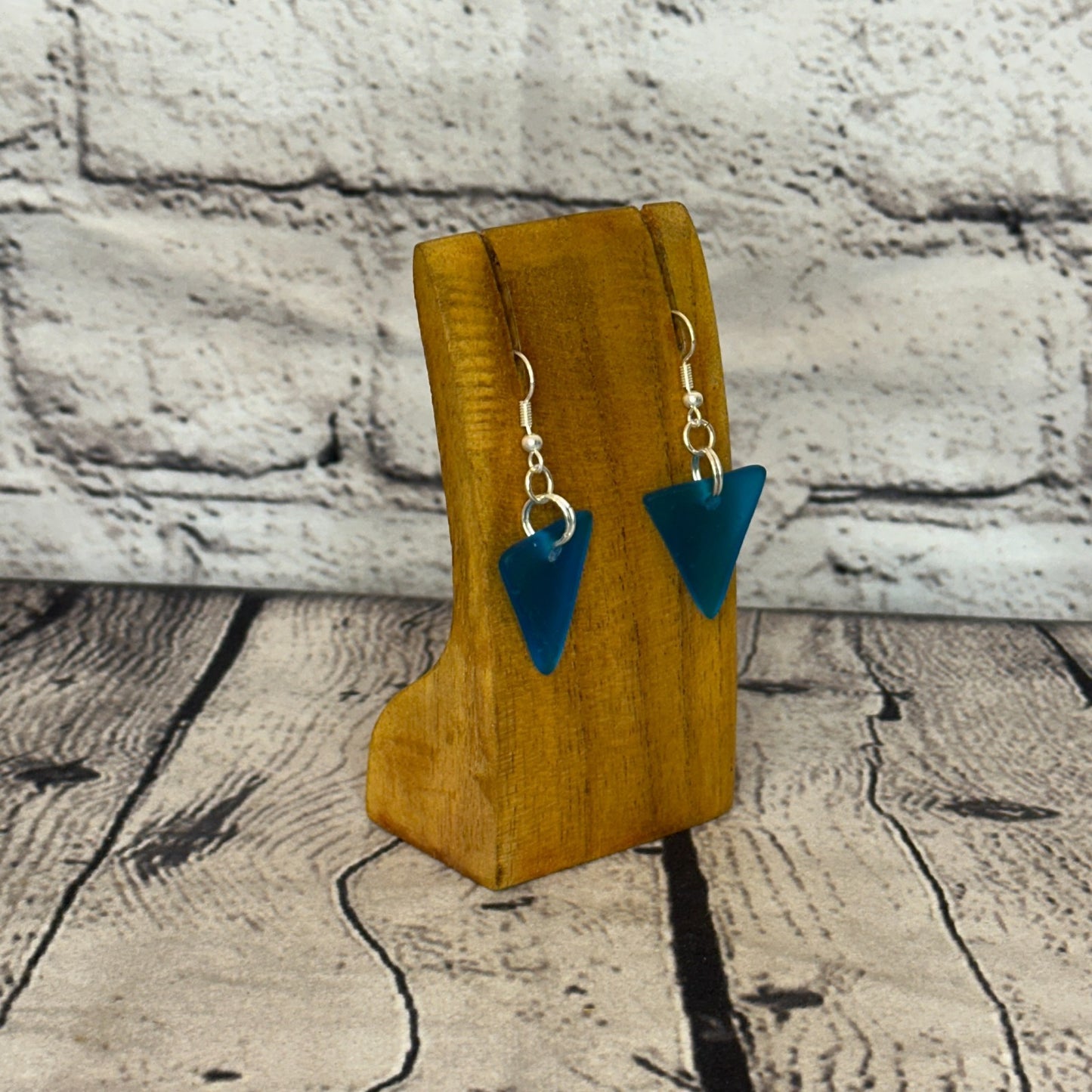 Blue Recycled Triangle Silver Plate Dangle Drop Earrings Handmade UK Jewellery2