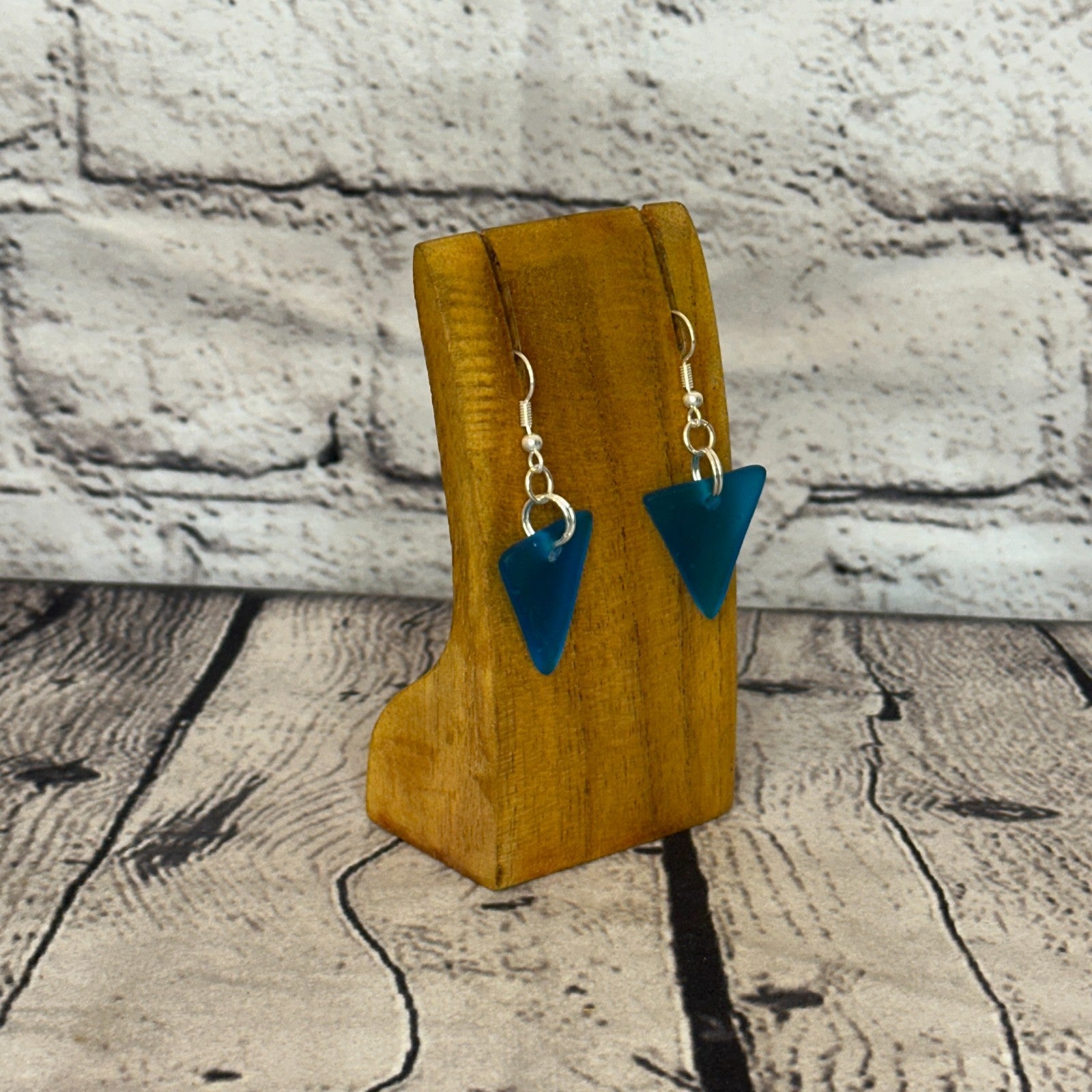 Blue Recycled Triangle Silver Plate Dangle Drop Earrings Handmade UK Jewellery2