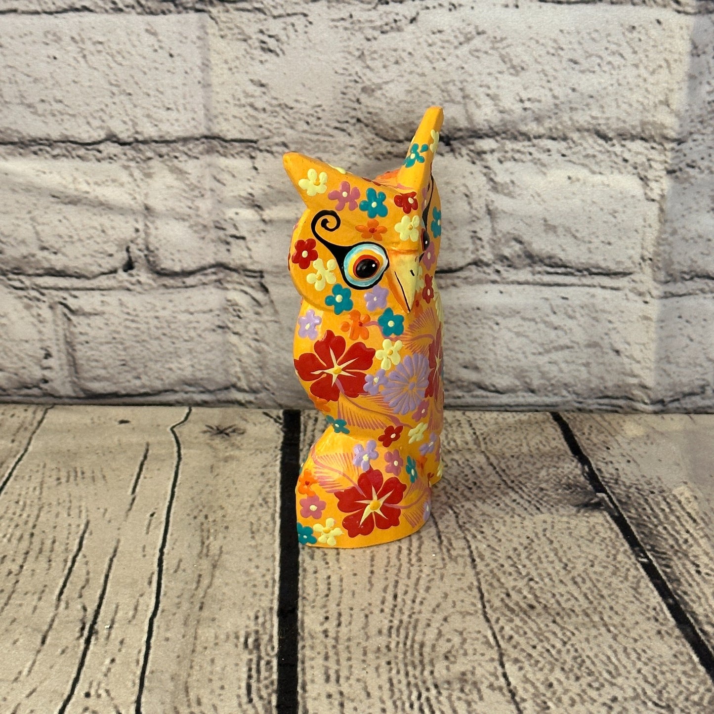 Orange Small Wooden Owl With Flower Pattern 12cm x 8cm Handmade and Fairtrade2