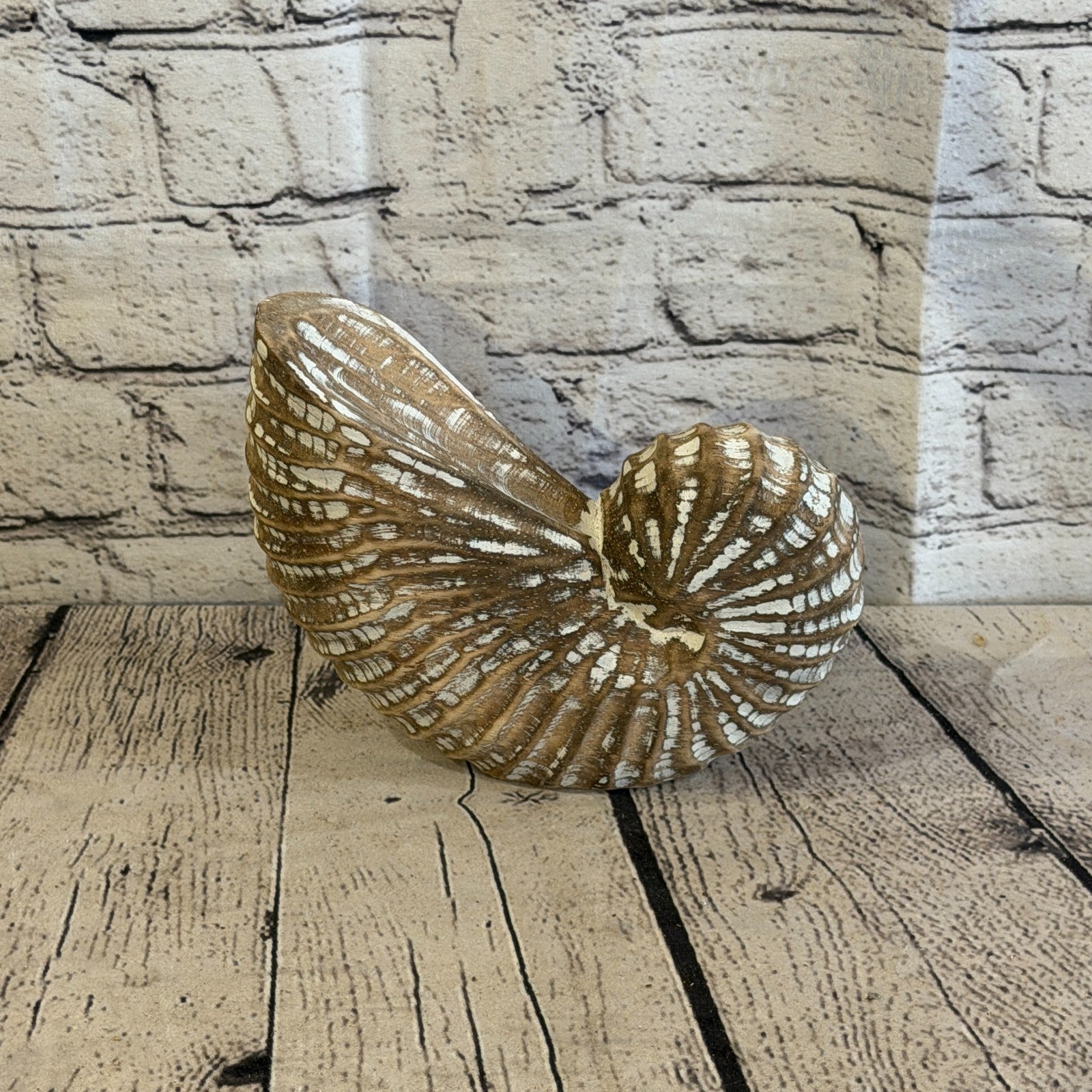 20cm Brown Shabby Pastel Nautilus Shell Ornament Decor Carved Light Wood Figure3