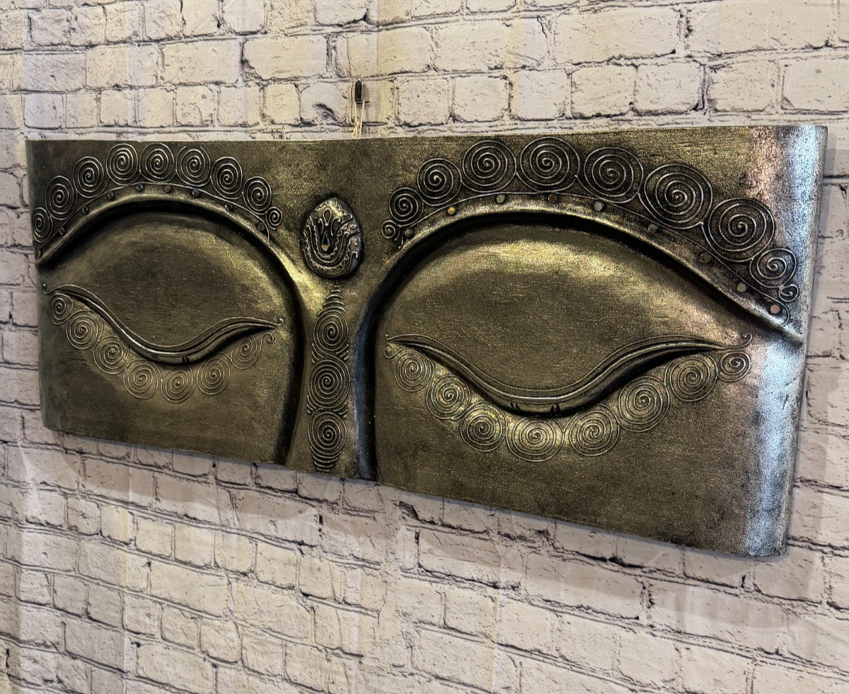100cm x 40cm Silver Buddha Eyes Wall Art Plaque Handcarved Wooden Wood Panel2