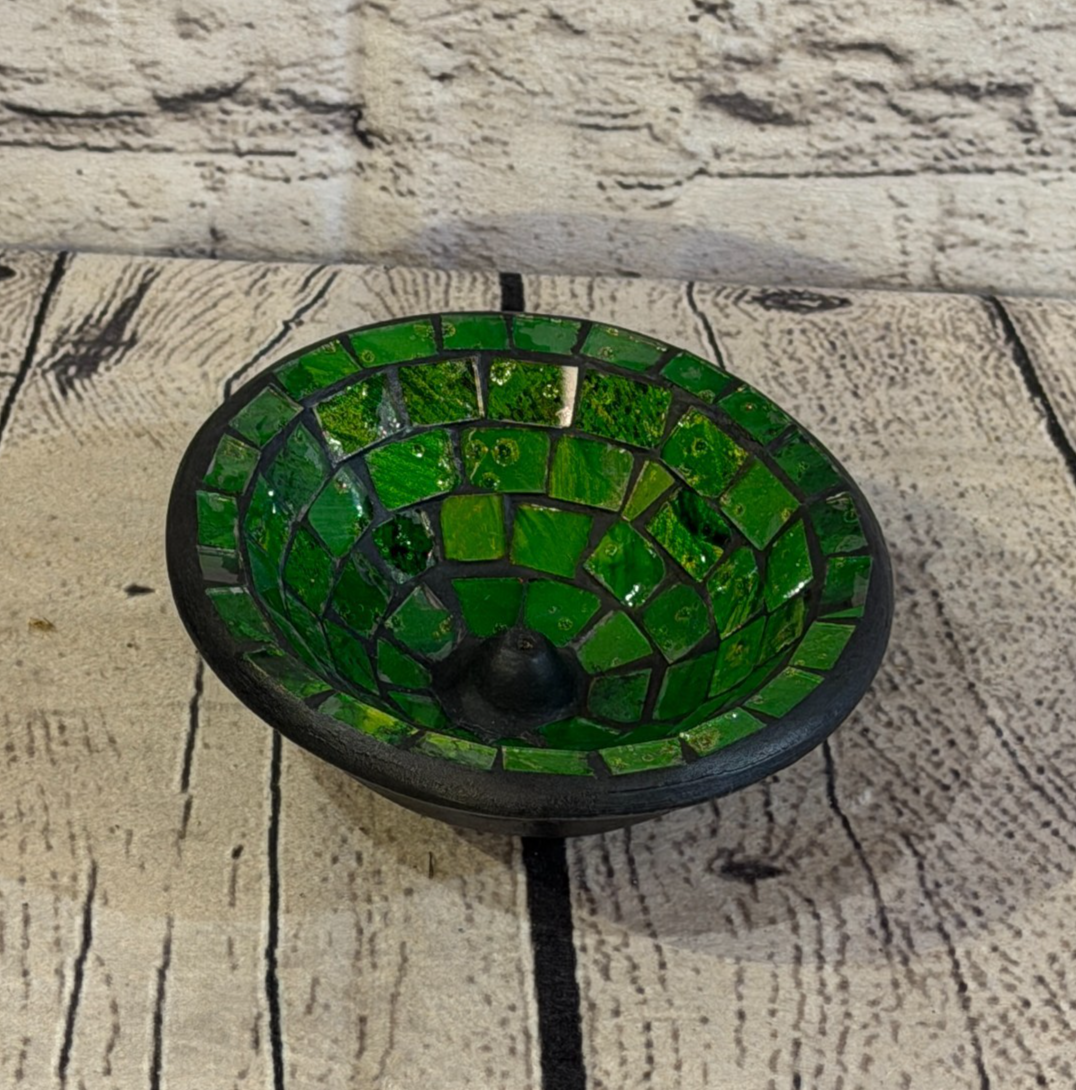 Green Small 12cm Round Mosaic Pottery Incense Holder Burner Detail0