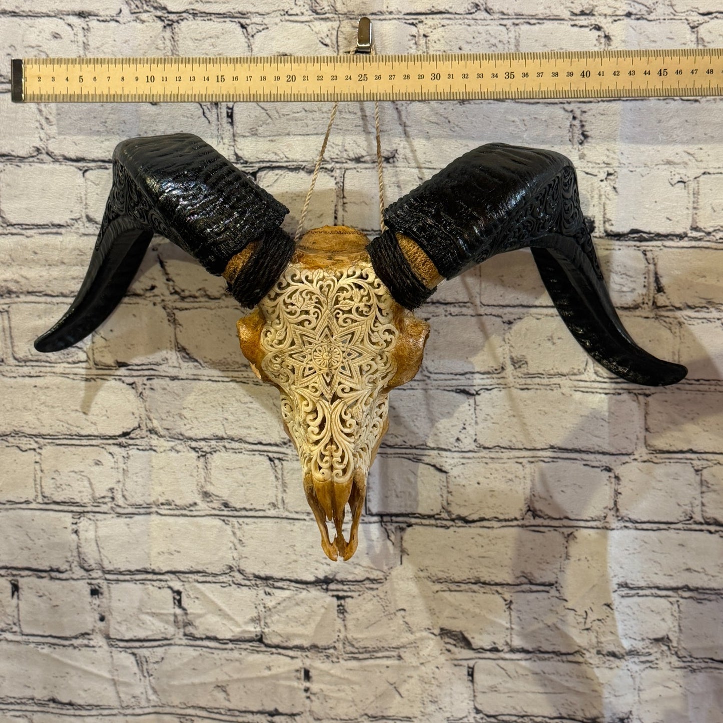 30cm Carved Buffalo Ram Wild Skulls Wall Hanging Carved With Stand Design 15