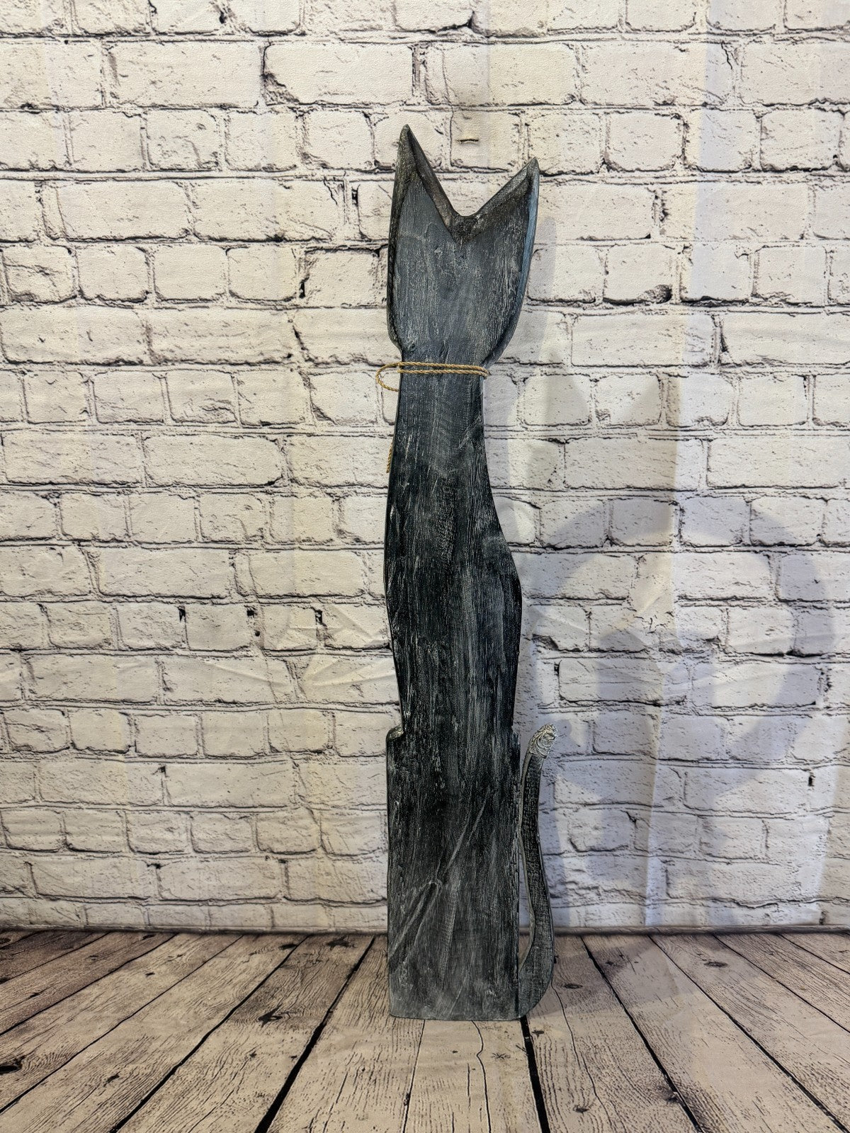 80cm Grey Silver Dots Wooden Shabby Cat Statue Ornament Fair Trade Handcarved4