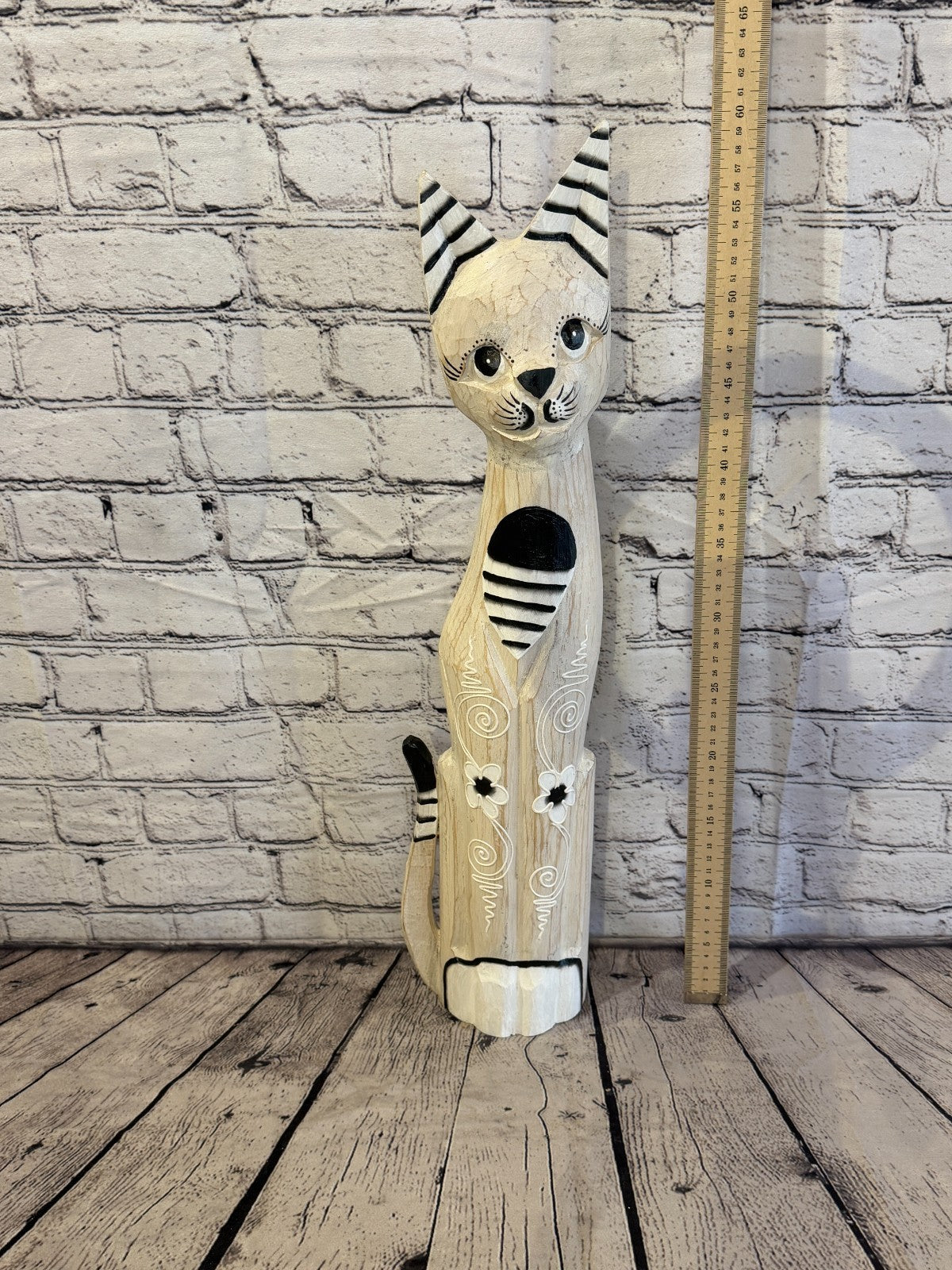 60cm White Flower Wooden Shabby Cat Statue Ornament Fair Trade Handcarved5