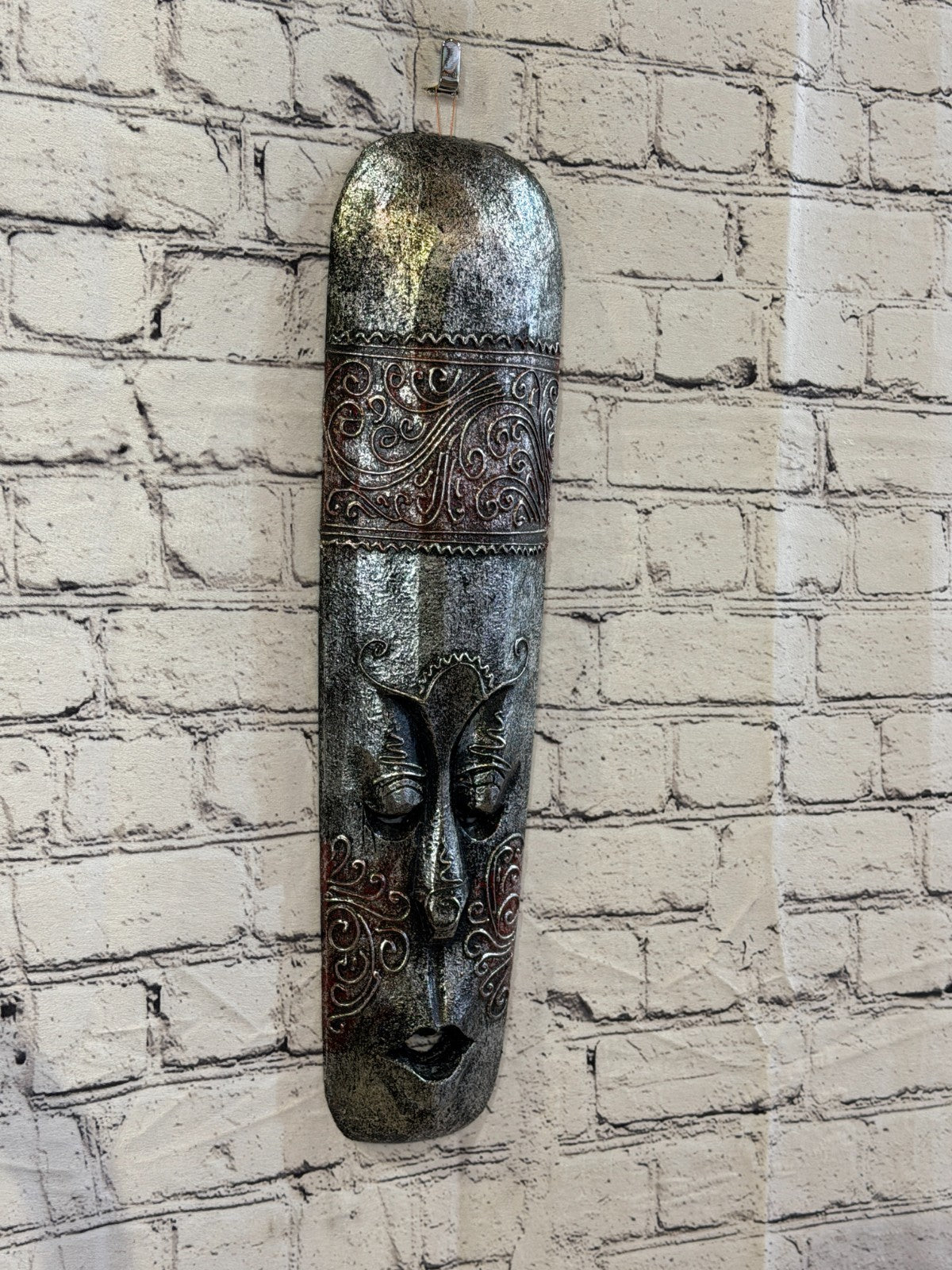 50cm Silver Painted Mask Carved Wooden Brown Work Ethnic Tribal Tiki Wall Art0