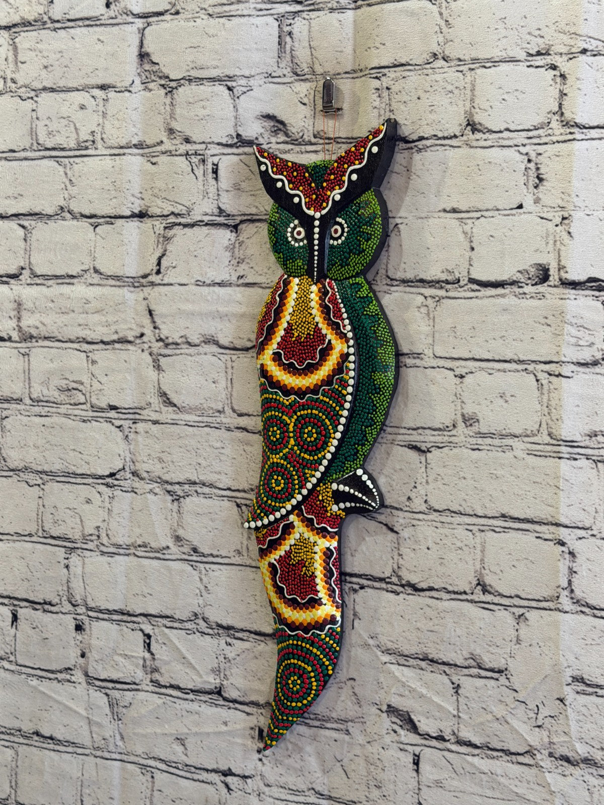 45cm Owl Bird Carved Wooden Dot Painted Ethnic Tribal Tiki Wall Art No 41