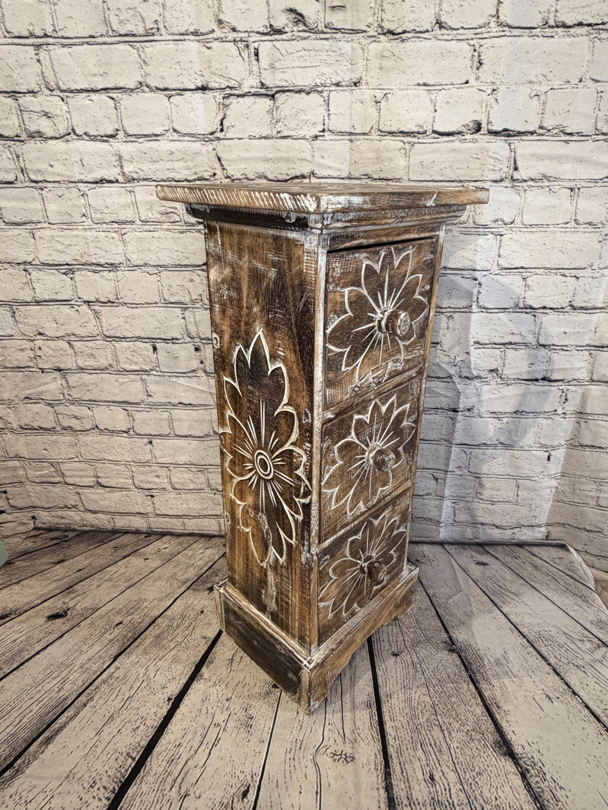 60cm x 25cm Brown 3 Draw Pillar Wooden Side Cabinet Living Storage Furniture2